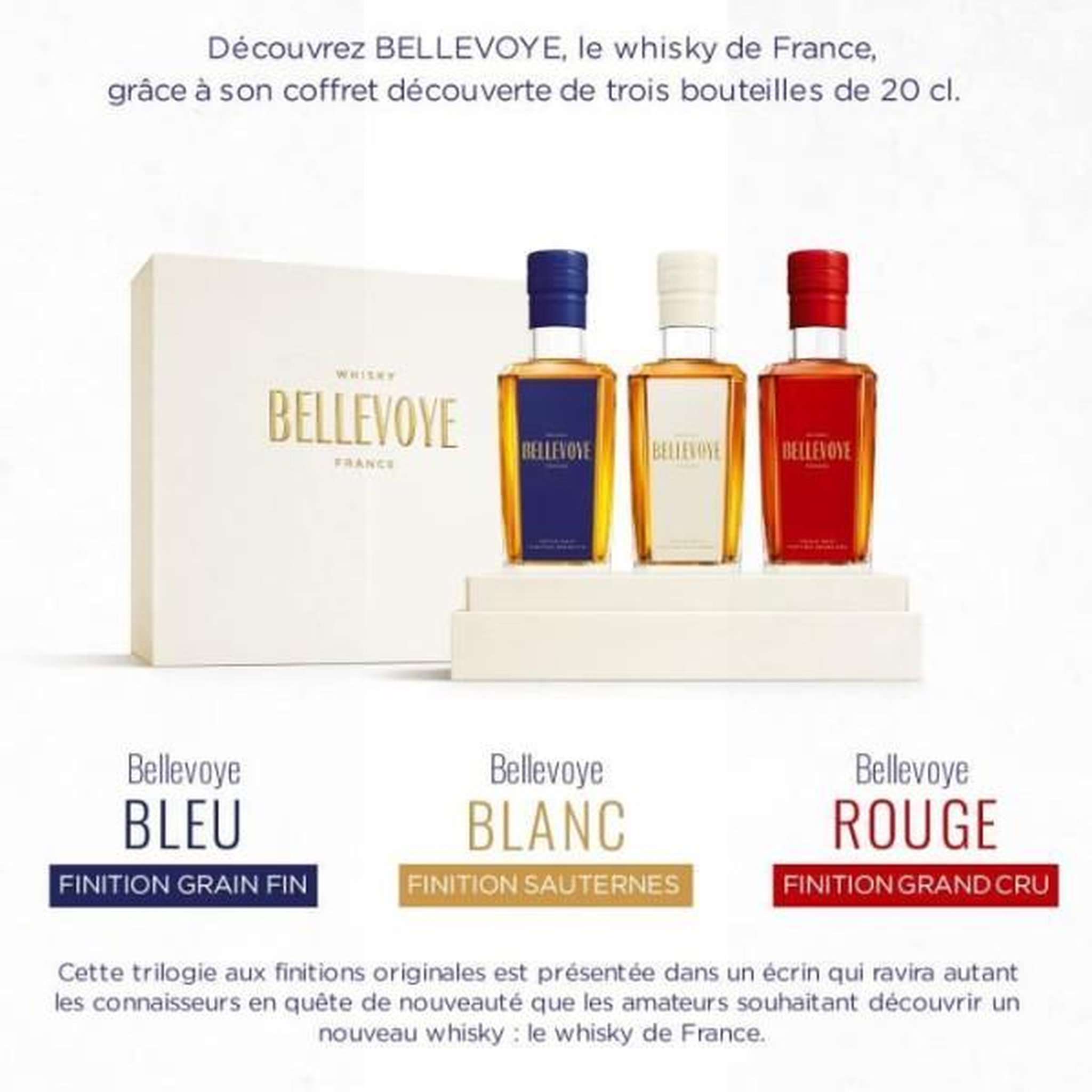Voir la diapositive 4 : N/A Bellevoye - whisky - origine : france - coffret tricolore découverte bleu, blanc rouge - 3 * 20 cl