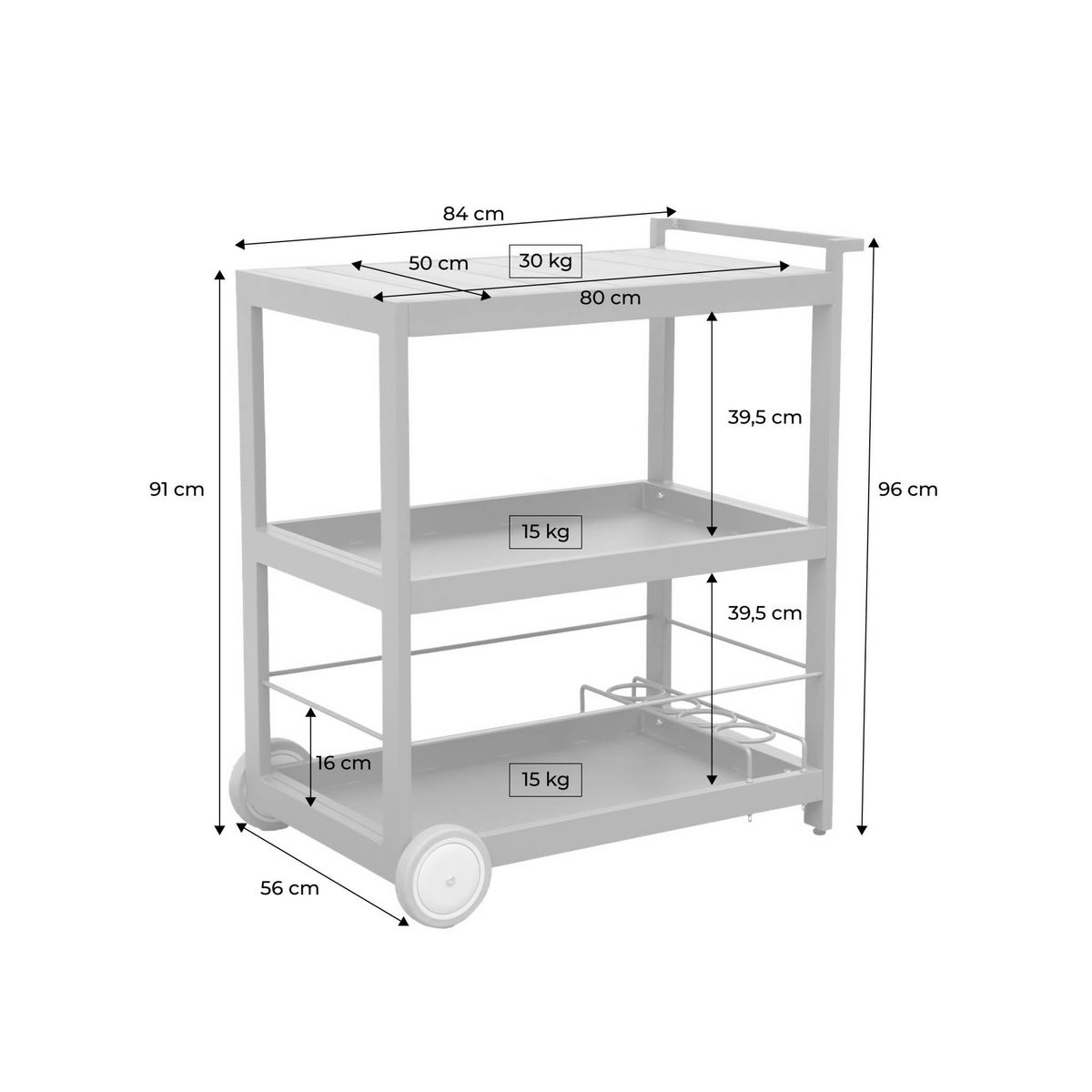 SWEEEK Desserte extérieure 84 cm en aluminium avec roues et poignée ALBI. Aluminium et polywood. anthracite. L 84 x P 56 x H 96 cm