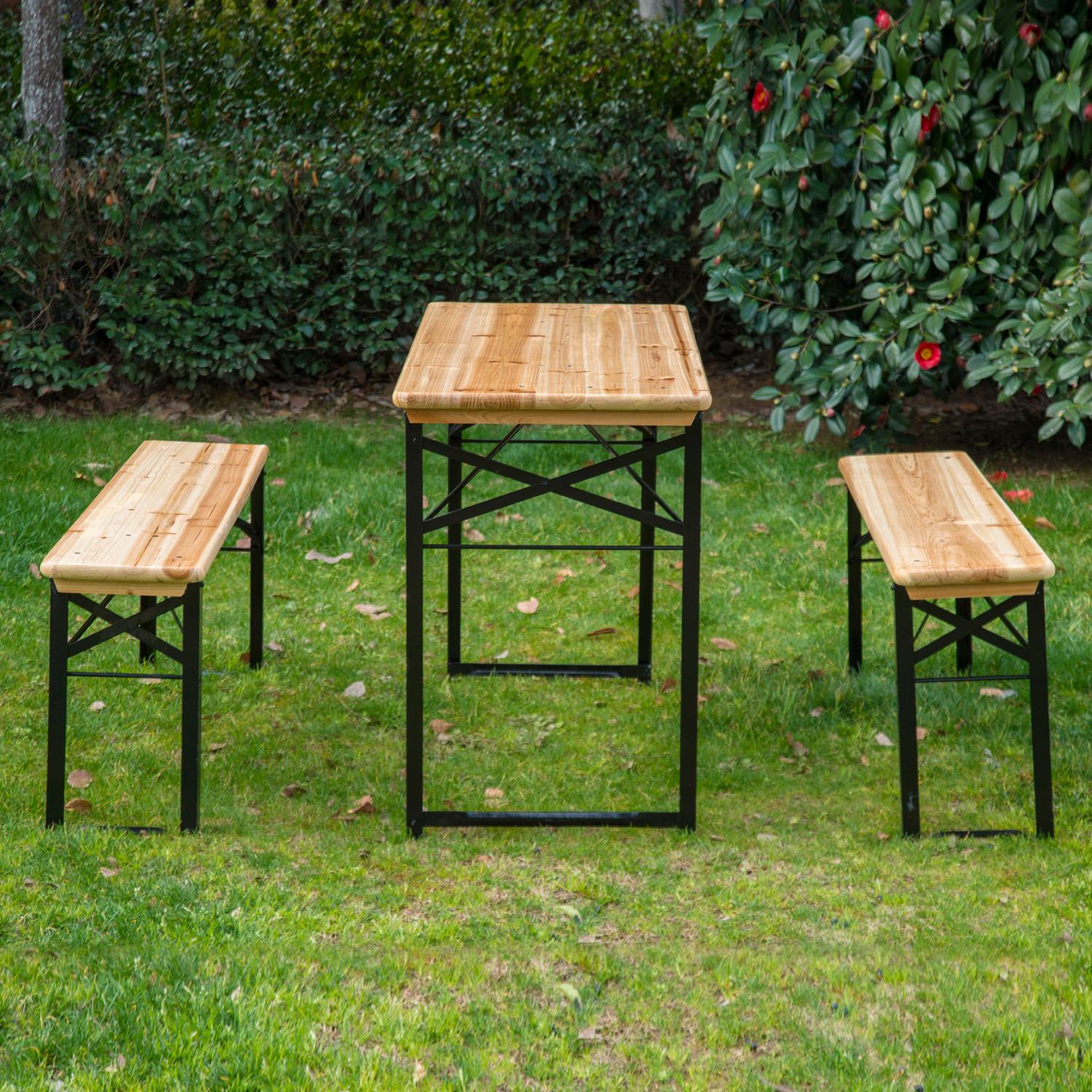 Voir la diapositive 5 : OUTSUNNY Table de camping pique-nique pliable portable + 2 bancs pliables métal époxy noir bois massif sapin