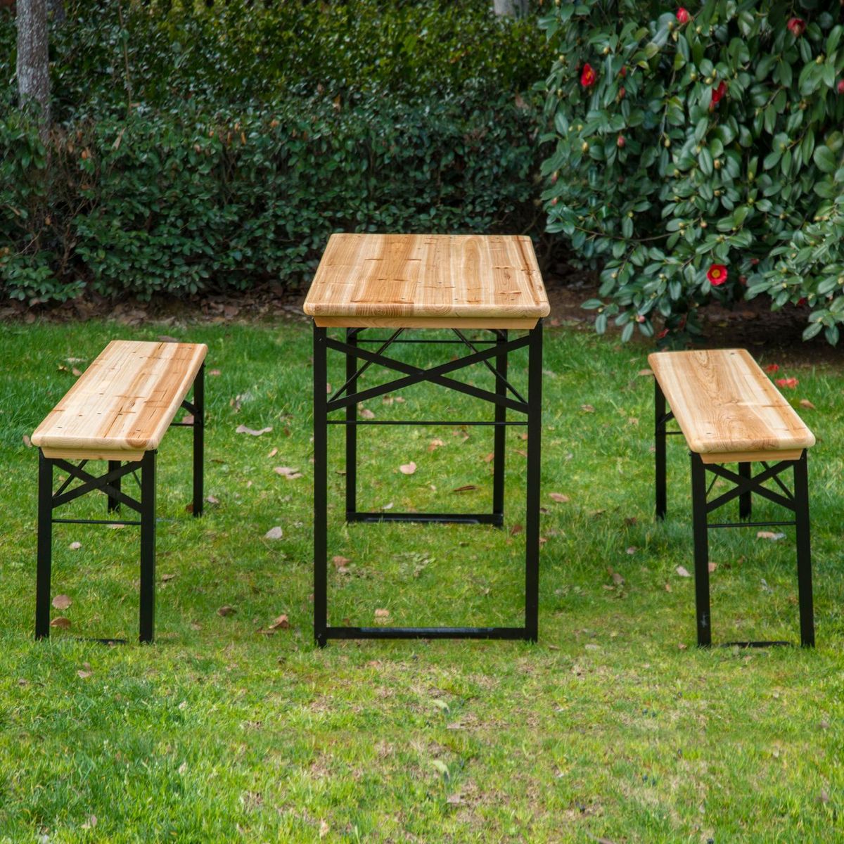 OUTSUNNY Table de camping pique-nique pliable portable + 2 bancs pliables métal époxy noir bois massif sapin