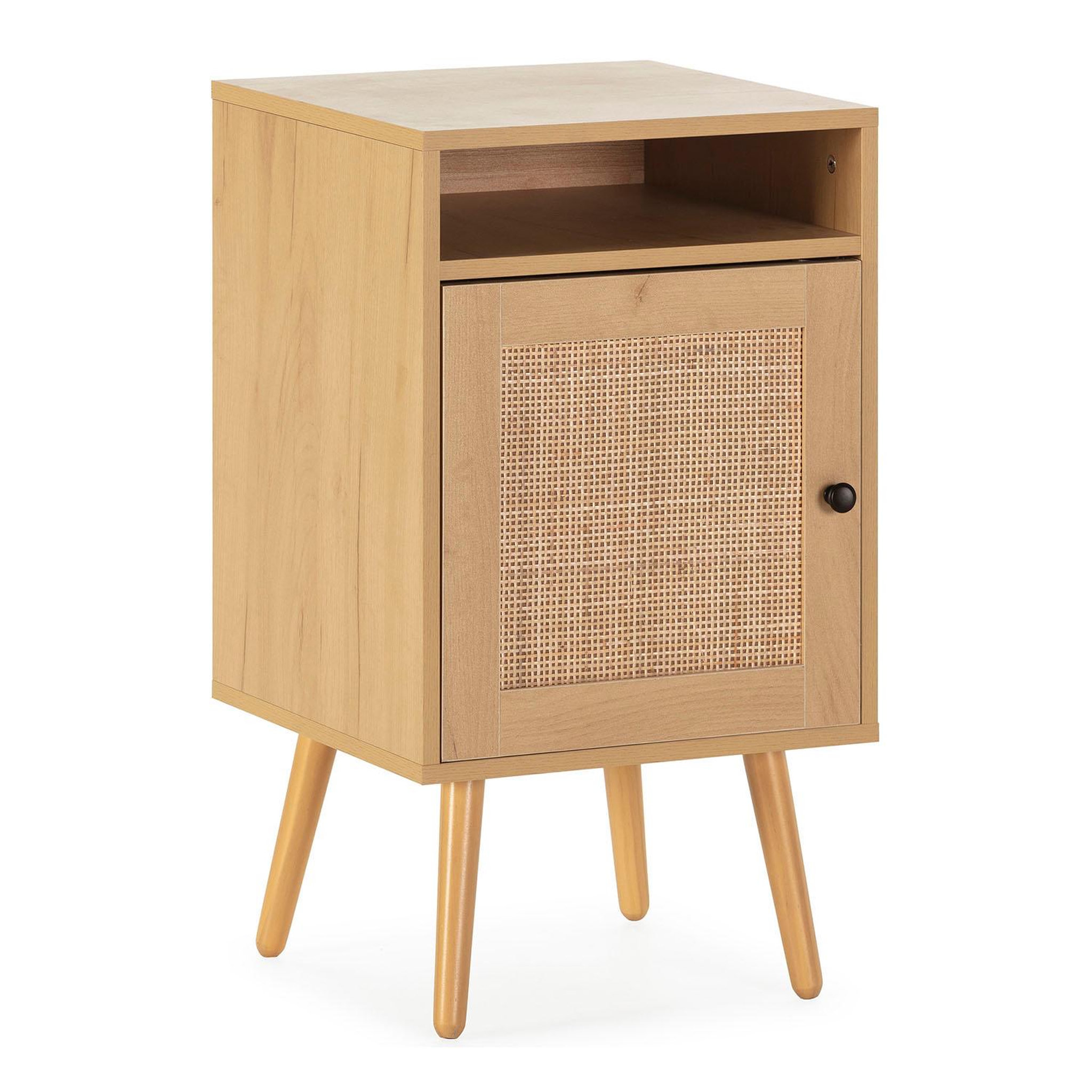 VS VENTA-STOCK Table de Chevet Bella 1 Porte Couleur Chêne, Rotin Naturel