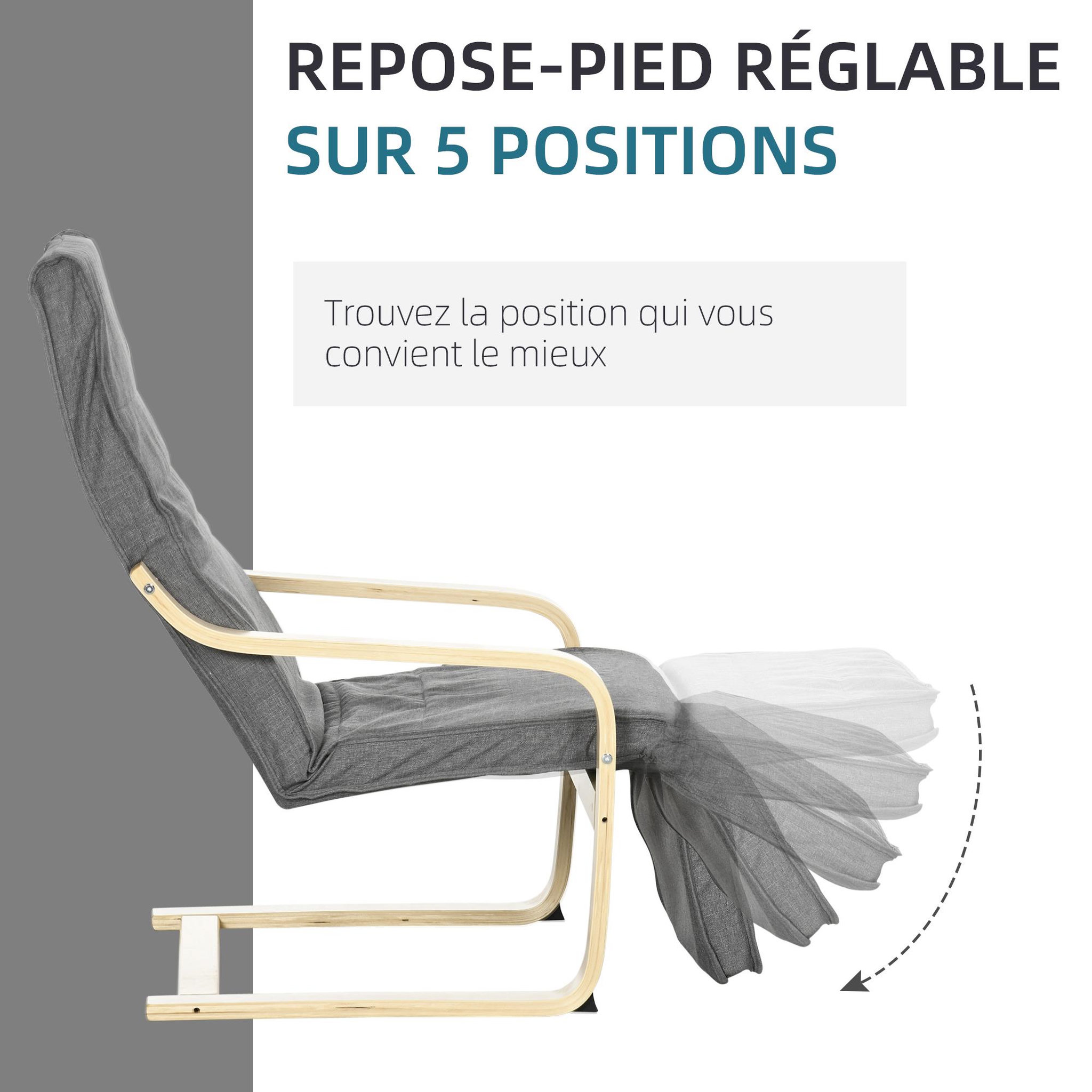 Voir la diapositive 4 : HOMCOM Fauteuil style nordique - repose-pied réglable - déhoussable - bois de bouleau tissu gris