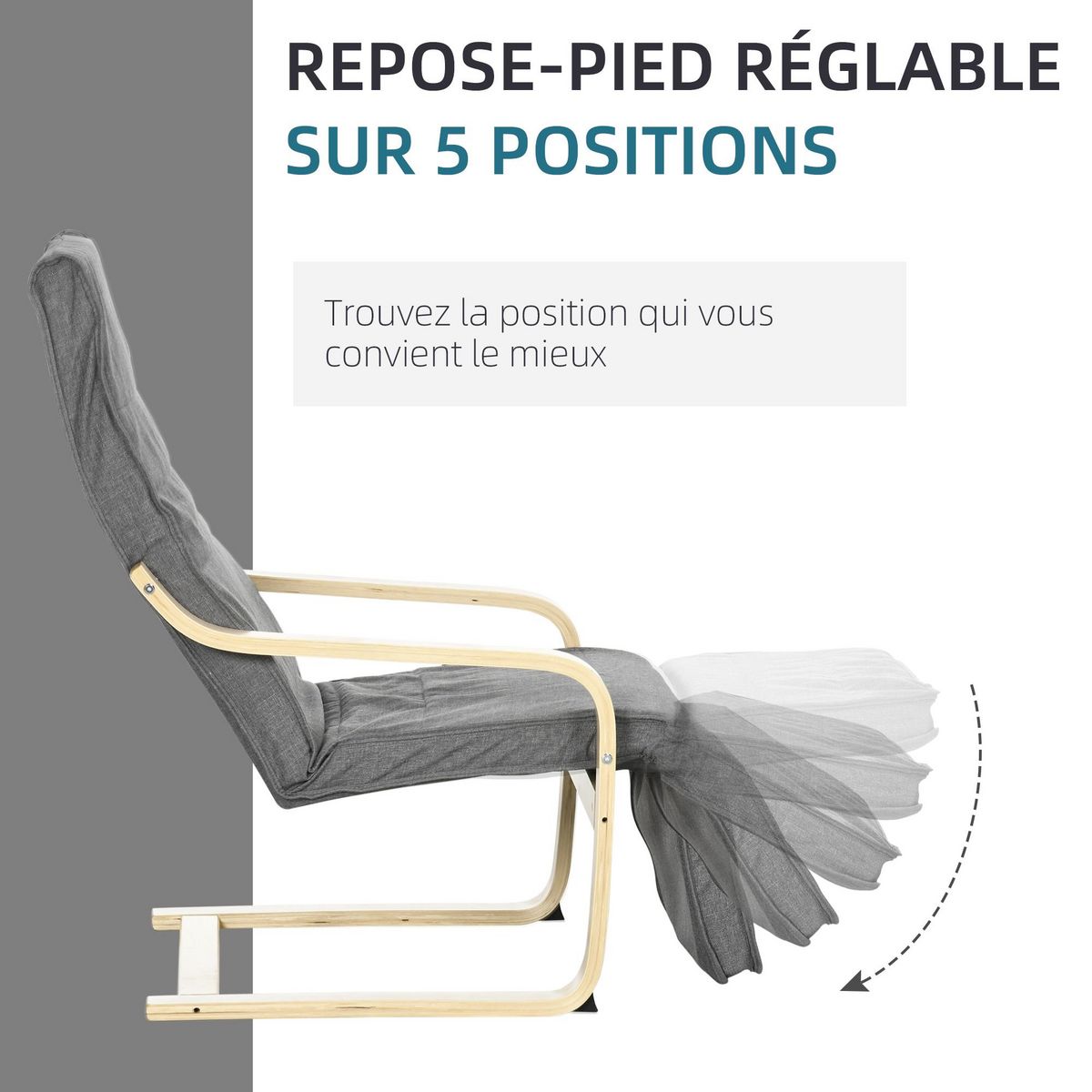 HOMCOM Fauteuil style nordique - repose-pied réglable - déhoussable - bois de bouleau tissu gris