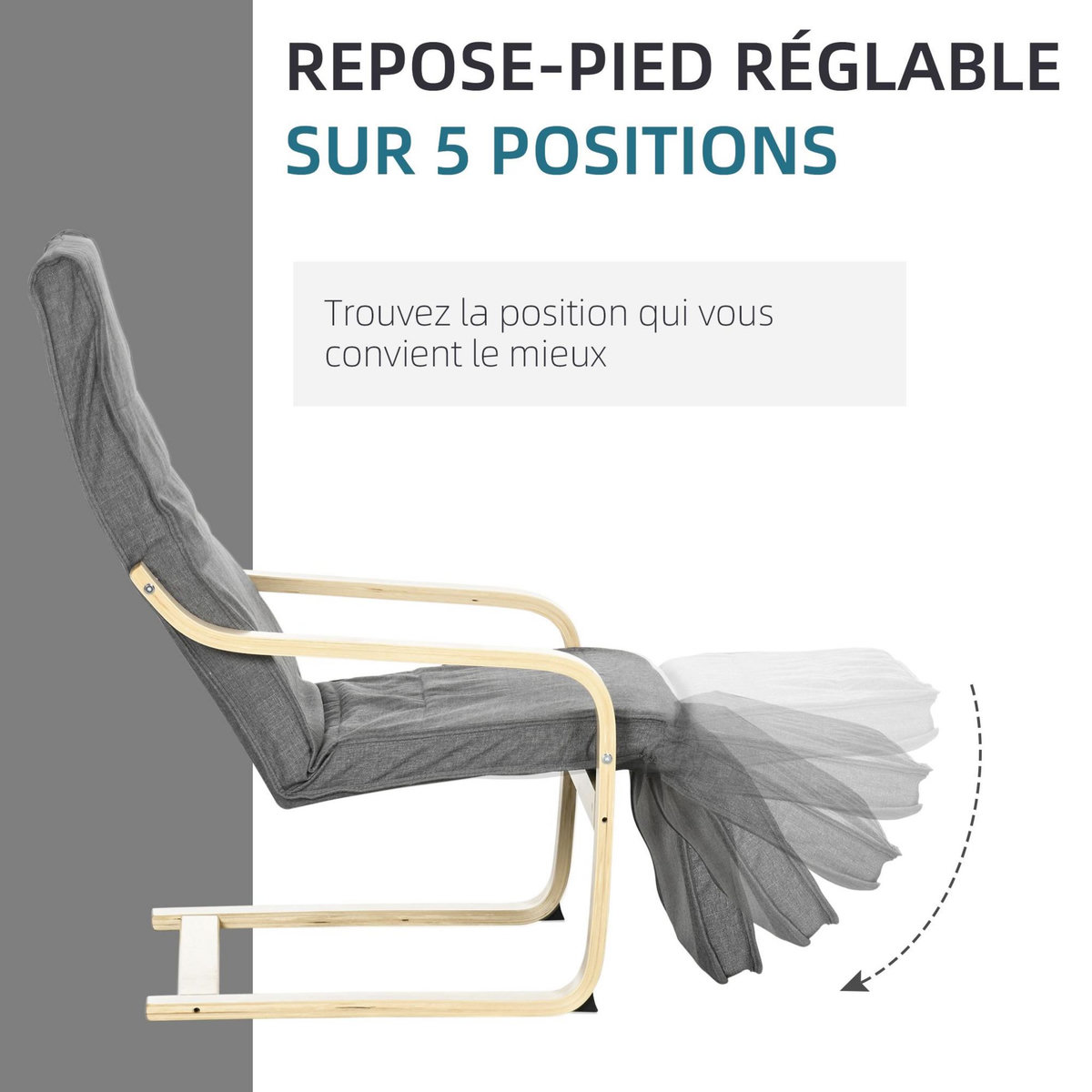 HOMCOM Fauteuil style nordique - repose-pied réglable - déhoussable - bois de bouleau tissu gris