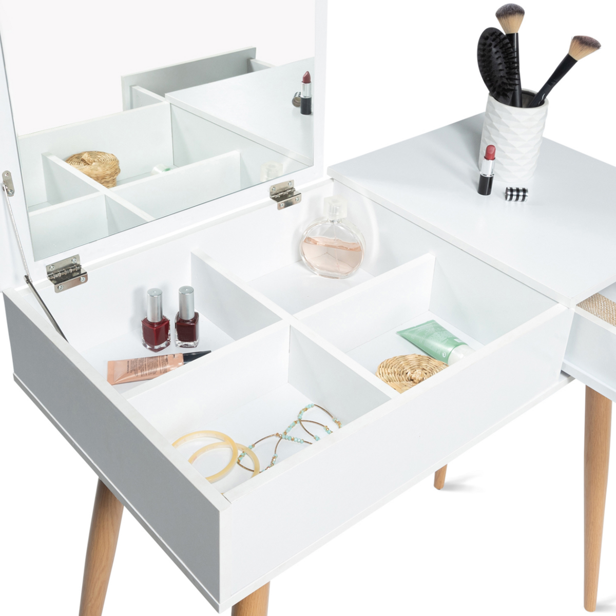 ID MARKET Coiffeuse scandinave LISA miroir rabattable blanche