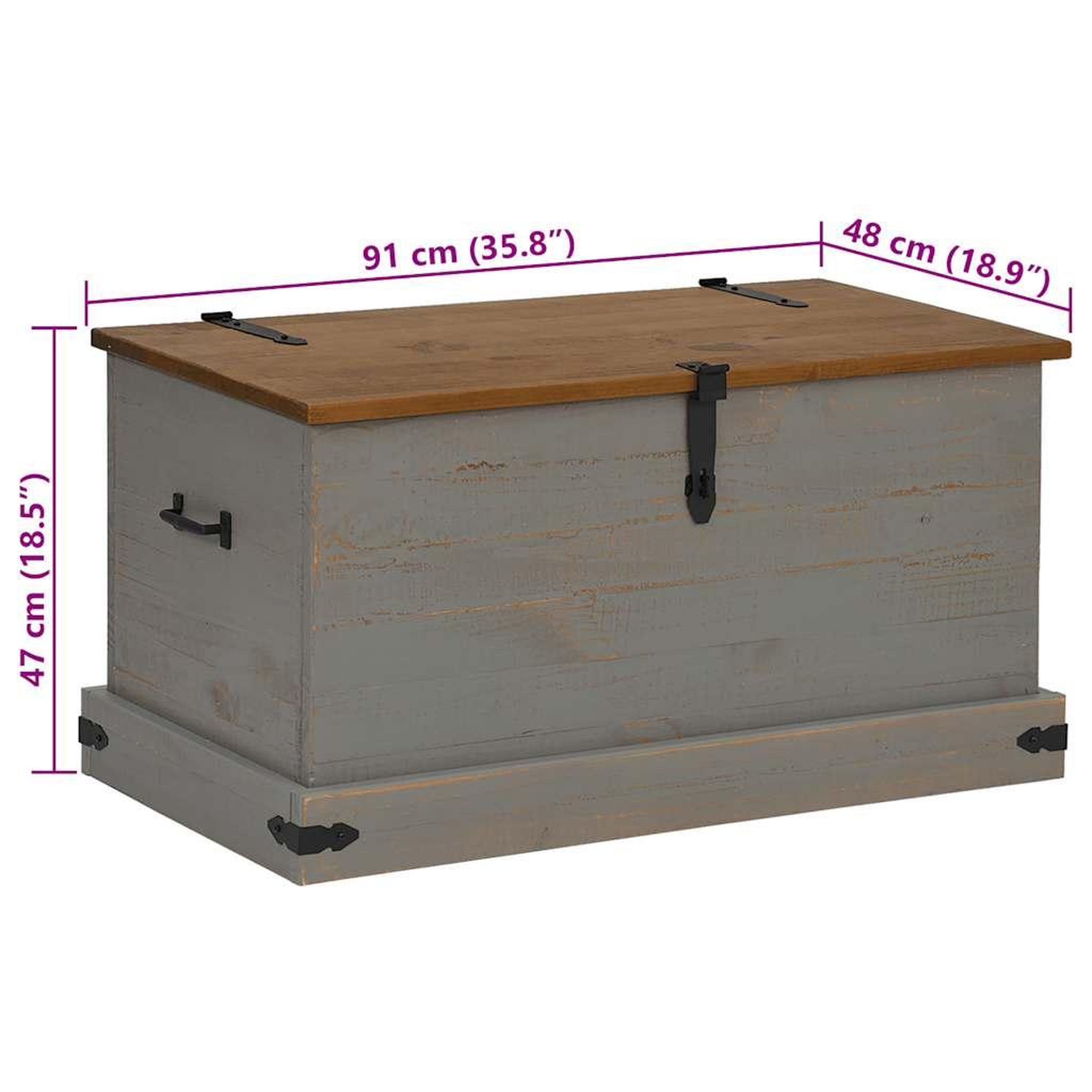 Voir la diapositive 6 : VIDAXL Coffre de rangement HALDEN gris 91x48x47 cm bois massif pin