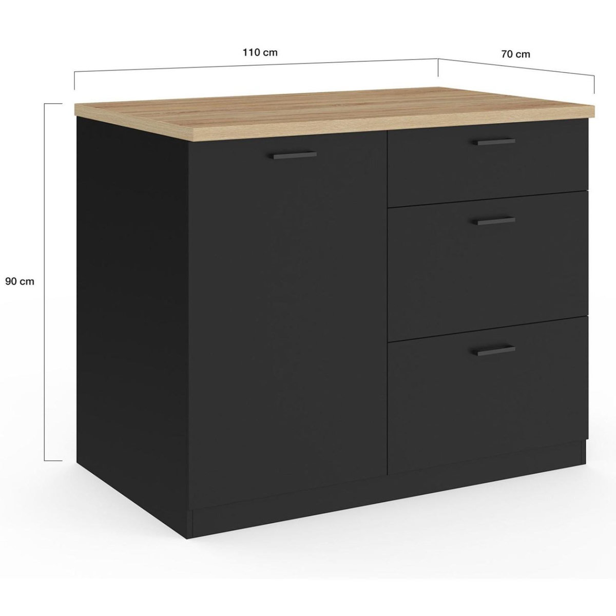 ID MARKET Ilot central TIBO 110 cm casserolier 3 tiroirs bois noir avec plan de travail façon hêtre