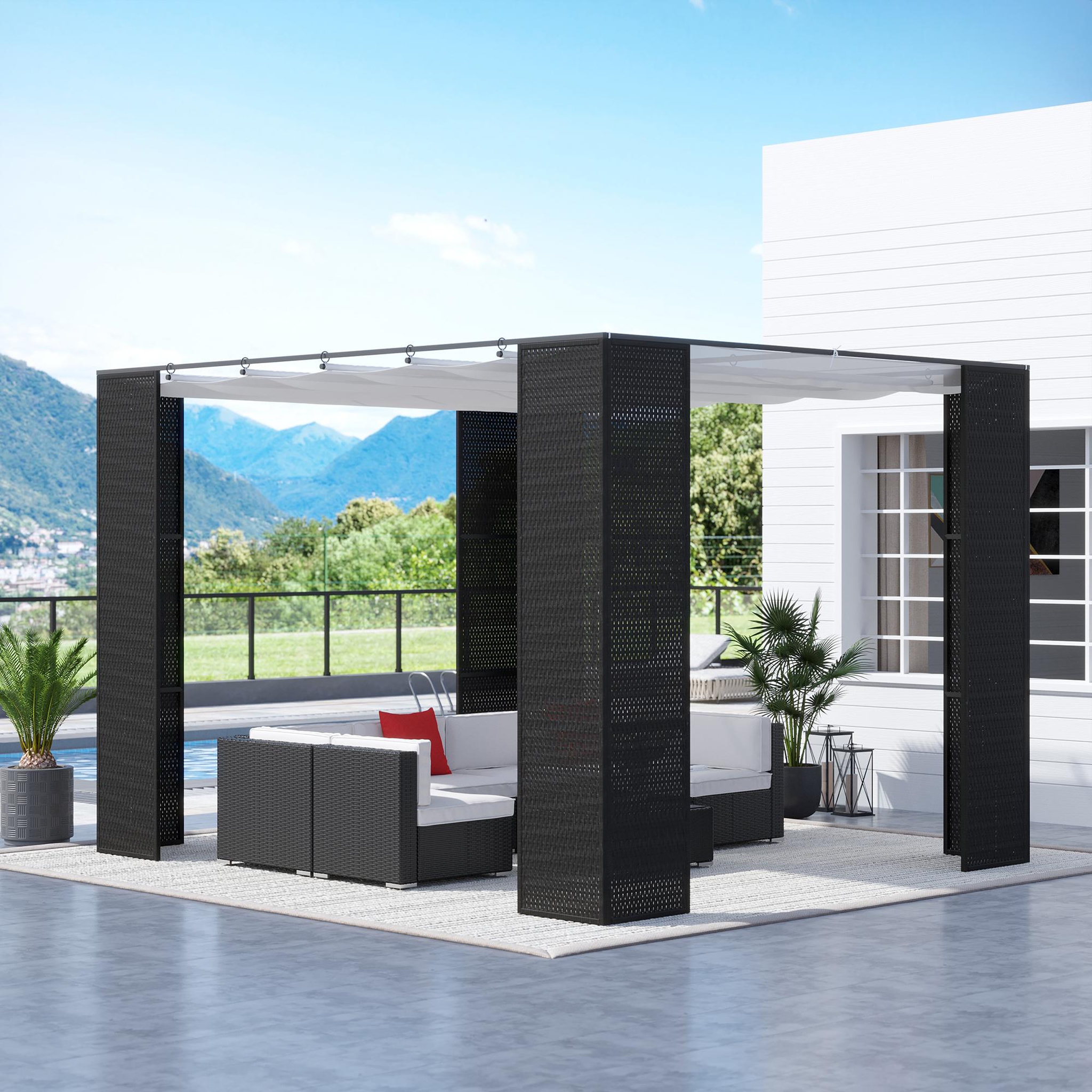 Voir la diapositive 2 : OUTSUNNY Pergola rétractable style colonial dim. 2,98L x 2,98l x 2H m métal époxy anticorrosion résine tressée noire toile polyester haute densité 180 g/m² crème