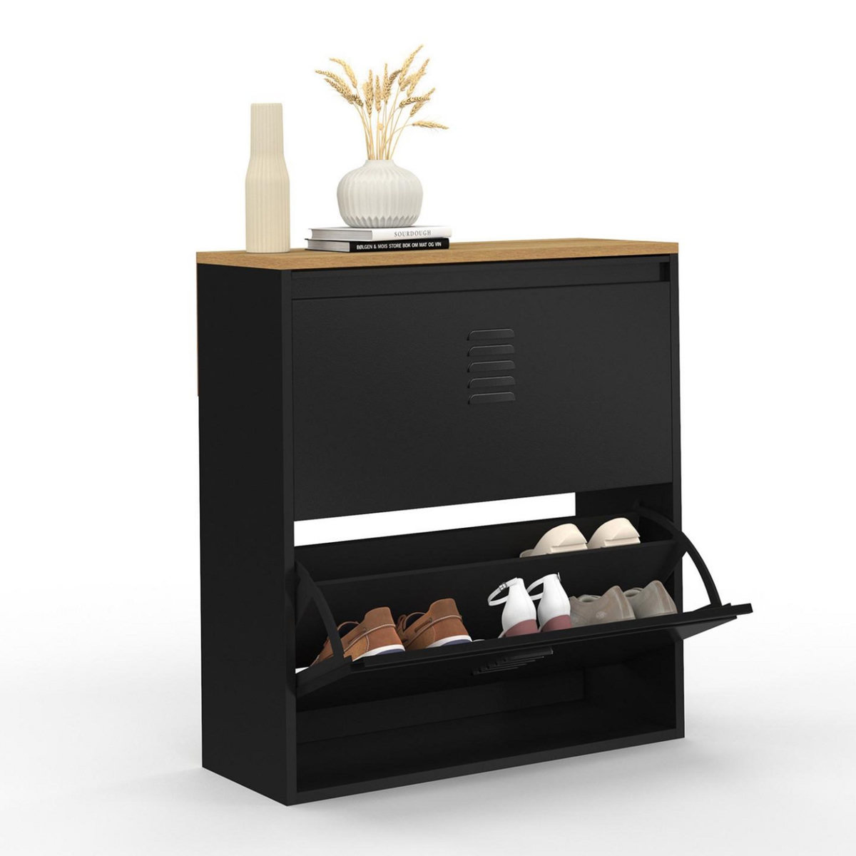 ID MARKET Meuble à chaussures 12 paires ESTER 2 portes métal noir et plateau façon hêtre design industriel