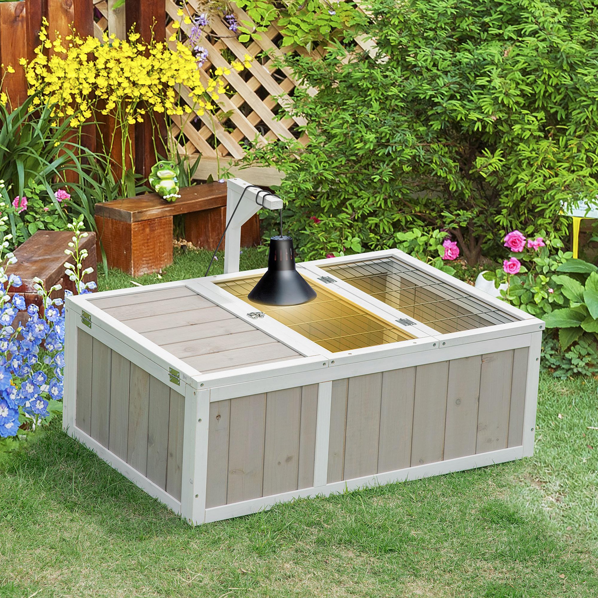 Voir la diapositive 2 : PAWHUT Enclos pour tortue - parc pour tortue - maison pour tortue terrestre - enclos extérieur avec grillage - bois sapin gris blanc