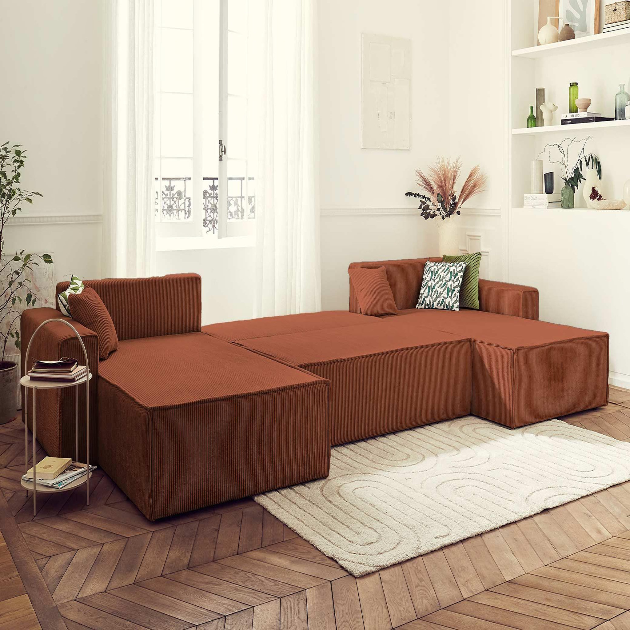 Voir la diapositive 2 : BEST MOBILIER Dellia - canapé panoramique en u - 7 places - convertible - avec coffre - en velours côtelé