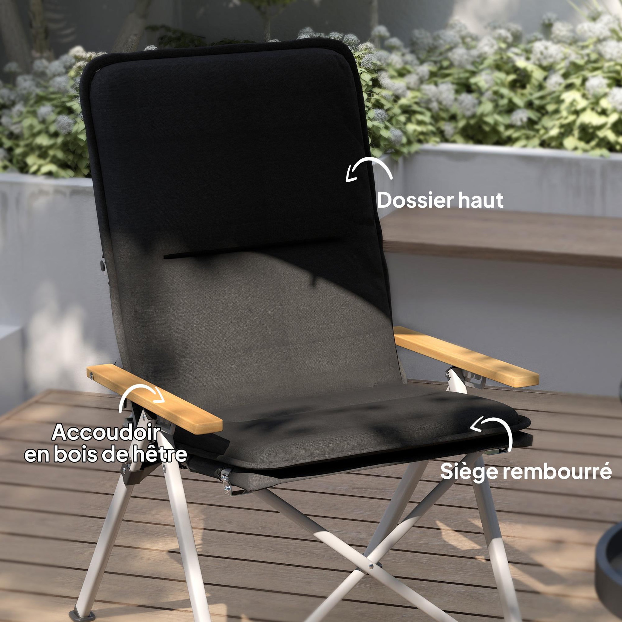 Voir la diapositive 4 : OUTSUNNY Chaise de camping pêche pliable inclinable 4 niveaux sac transport inclus alu gris bois polyester noir