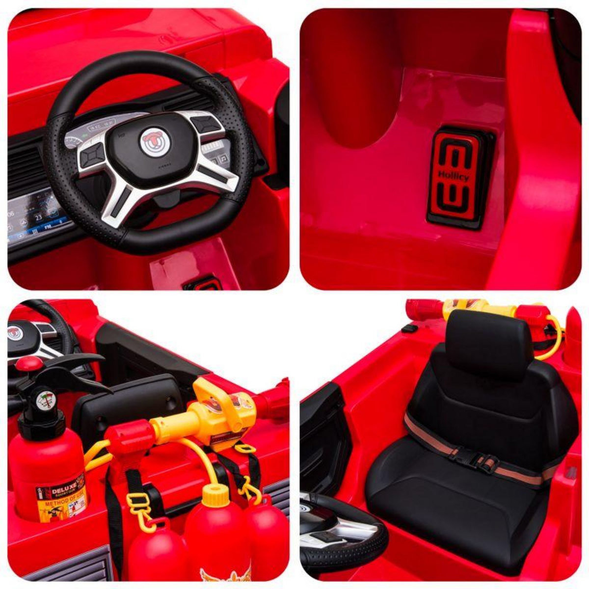 PLAY4FUN Camion de Pompier Electrique Rouge 35W avec Casque, Lance et Extincteur, Indicateur de Batterie et Télécommande Parentale