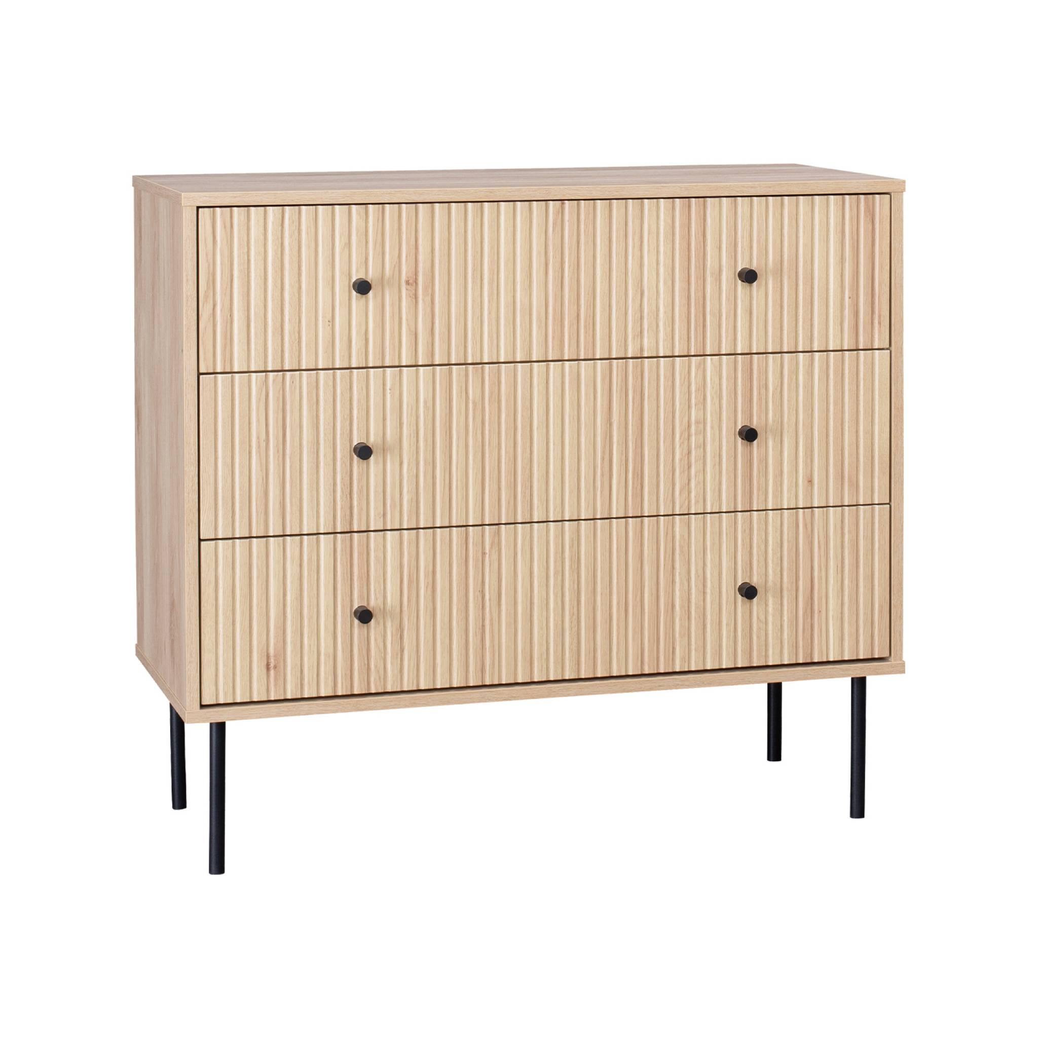 Voir la diapositive 1 : SWEEEK Commode contemporaine décor bois rainuré 3 tiroirs poignées métal noir