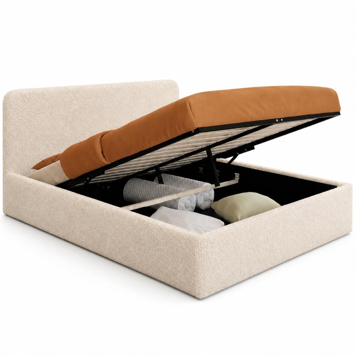 ID MARKET Lit coffre double BRADFORD avec tête de lit et sommier 140 x 190 cm tissu bouclette
