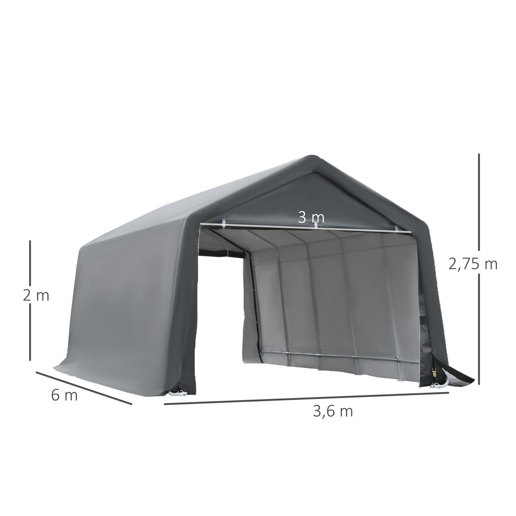 Voir la diapositive 3 : OUTSUNNY Tente garage carport dim. 6L x 3,6l x 2,75H m acier galvanisé robuste PE haute densité 195 g/m² imperméable anti-UV blanc gris
