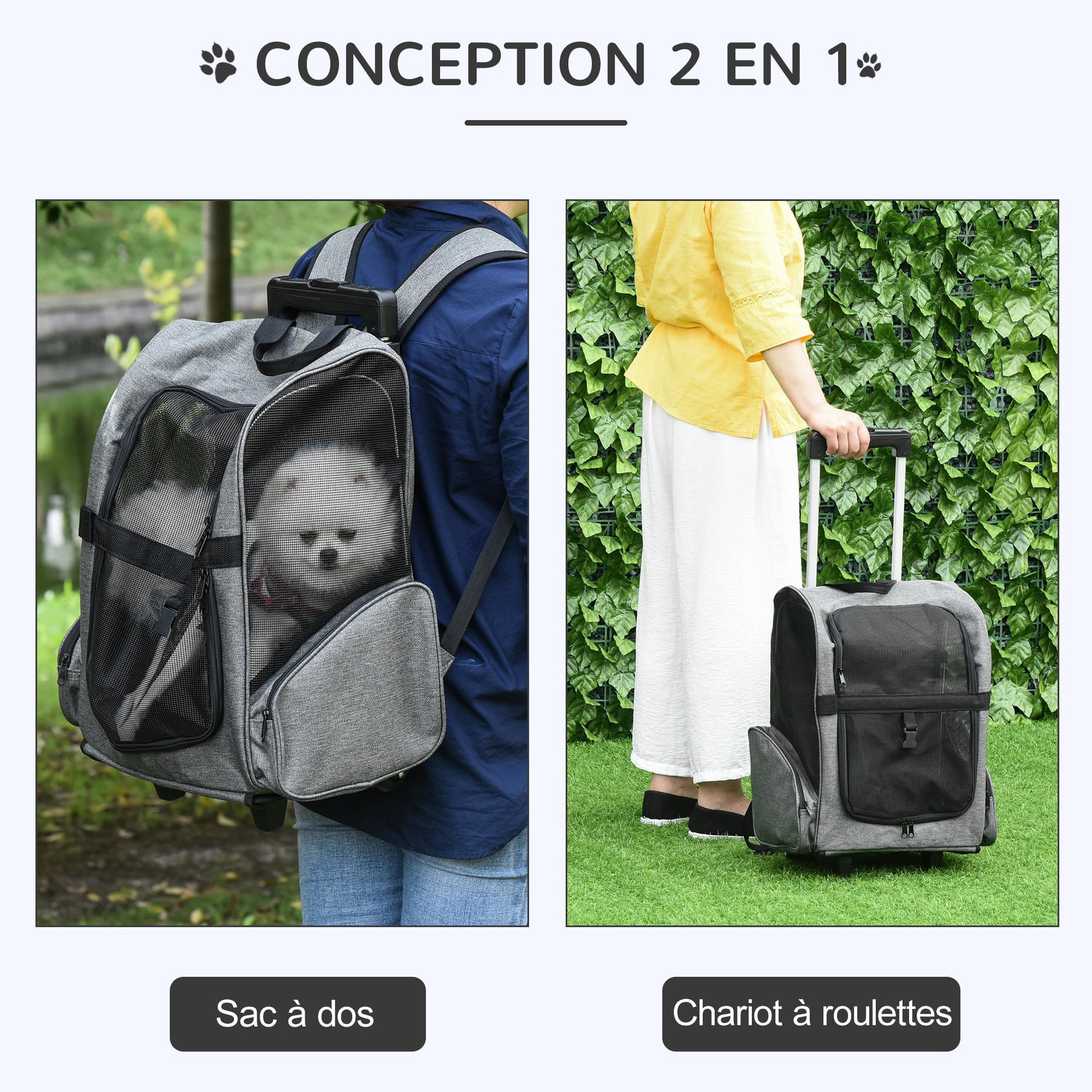Voir la diapositive 4 : PAWHUT 2 en 1 trolley chariot sac à dos sac de transport à roulettes pour chien chat gris