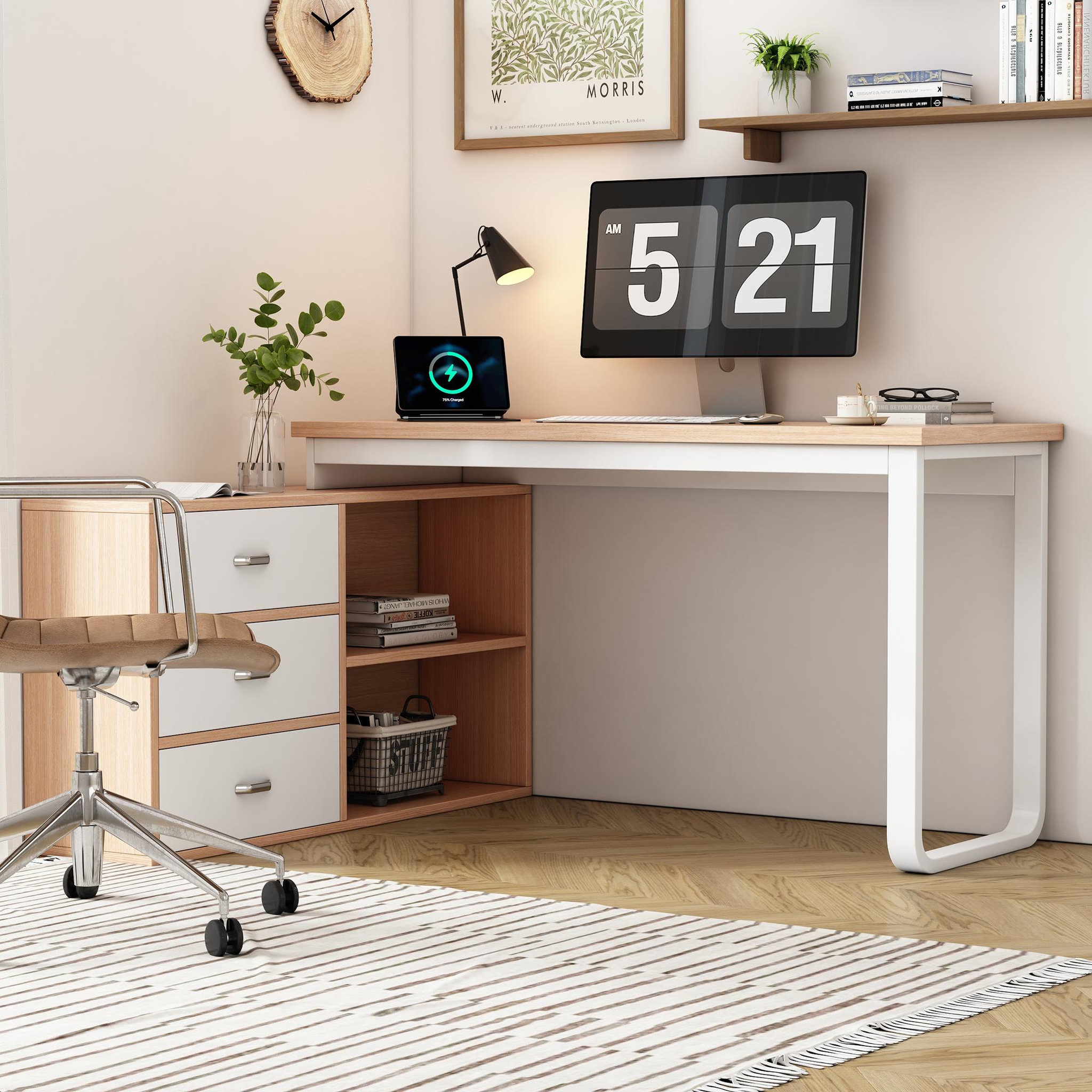 Voir la diapositive 5 : MERAX Bureau d'angle 147 cm coloris naturel+blanc mdf et métal