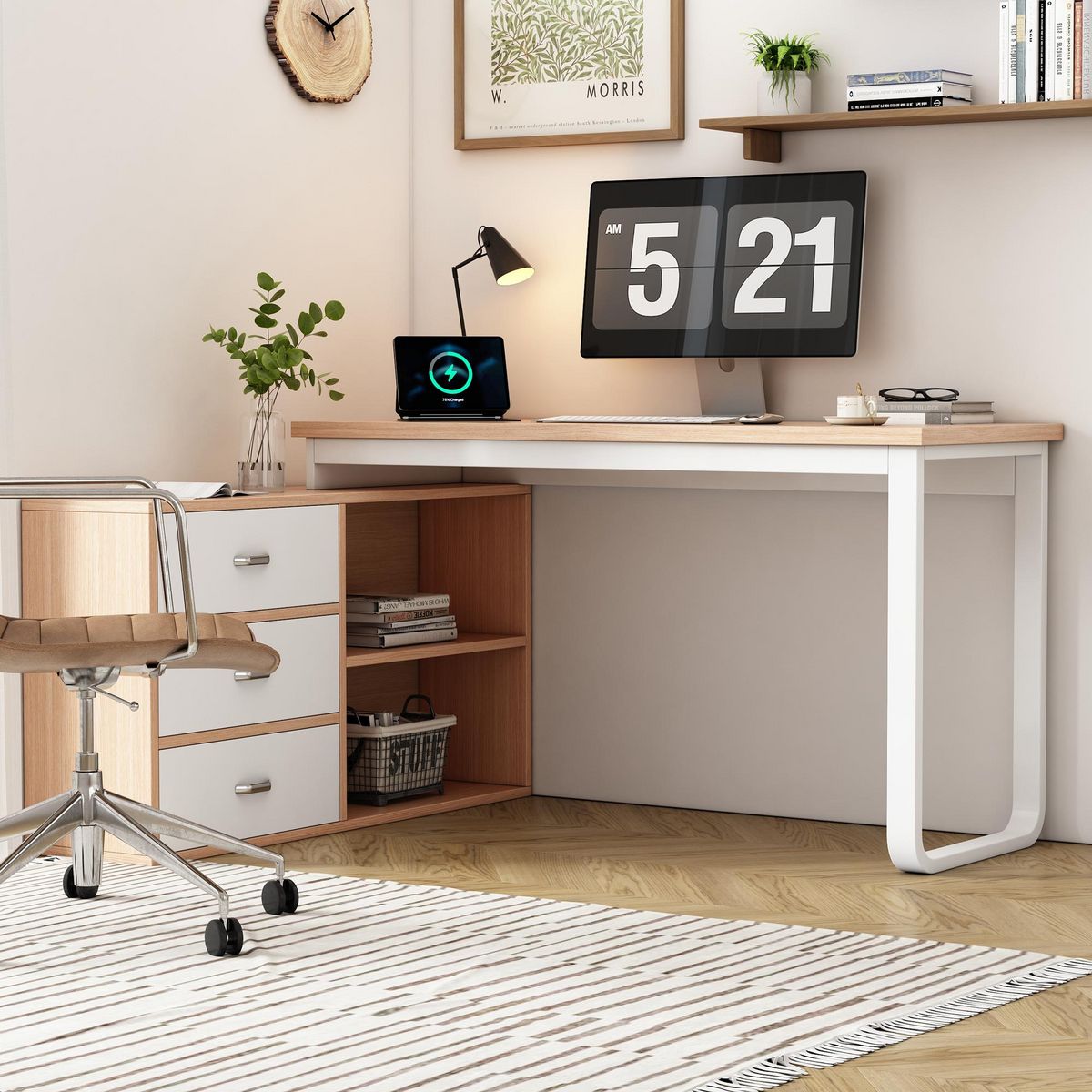 MERAX Bureau d'angle 147 cm coloris naturel+blanc mdf et métal