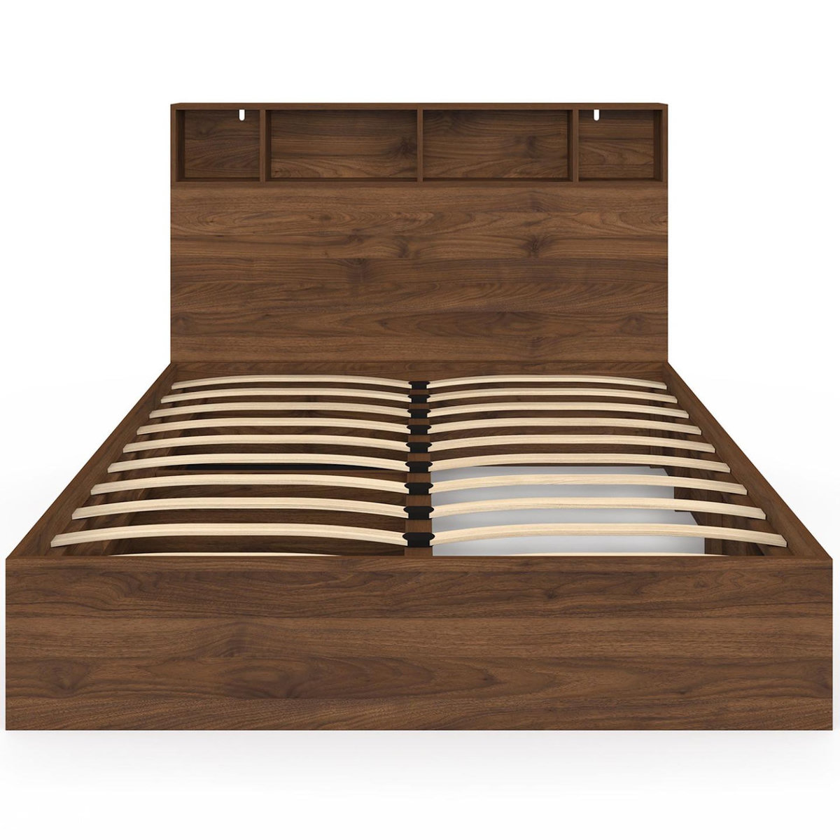 ID MARKET Lit double CLEM avec rangements + tête de lit et sommier 140 x 190 cm effet noyer