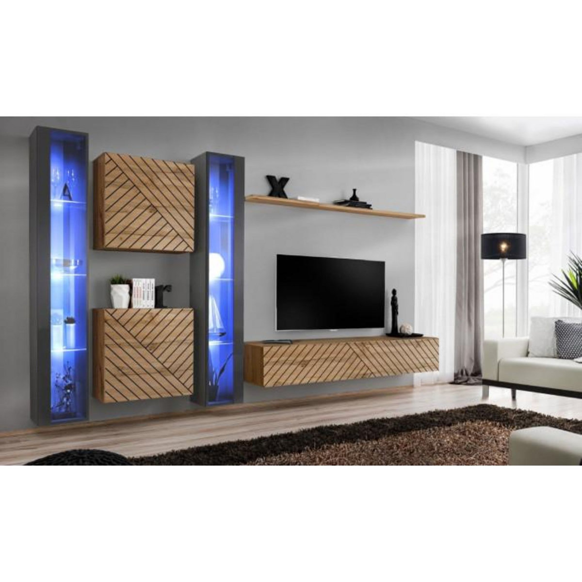 Paris Prix Ensemble Meuble TV  Switch Lamel XVI  330cm Naturel & Gris