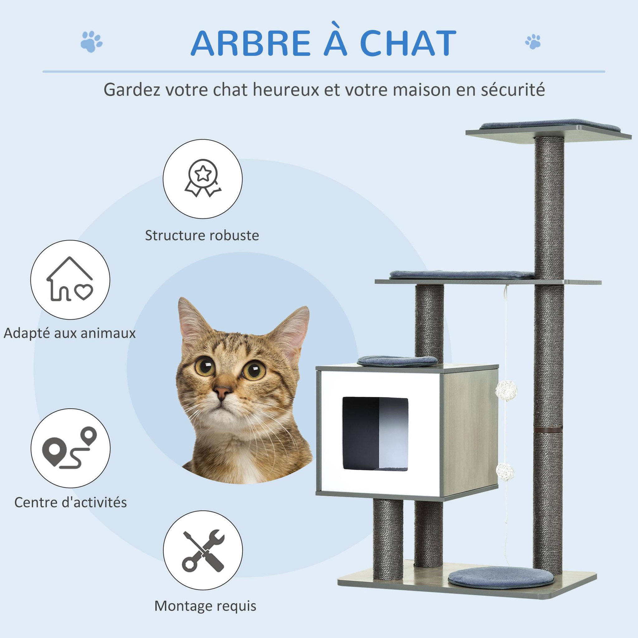 Voir la diapositive 4 : PAWHUT Arbre à chats design contemporain griffoirs grattoirs sisal naturel centre d'activités niche plate-formes jeu boules suspendues 71L x 49l x 120H cm MDF hêtre gris