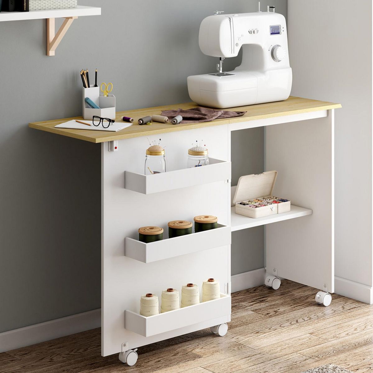 ID MARKET Table de couture pliable à roulettes Meuble pour Machine à Coudre avec 4 étagères