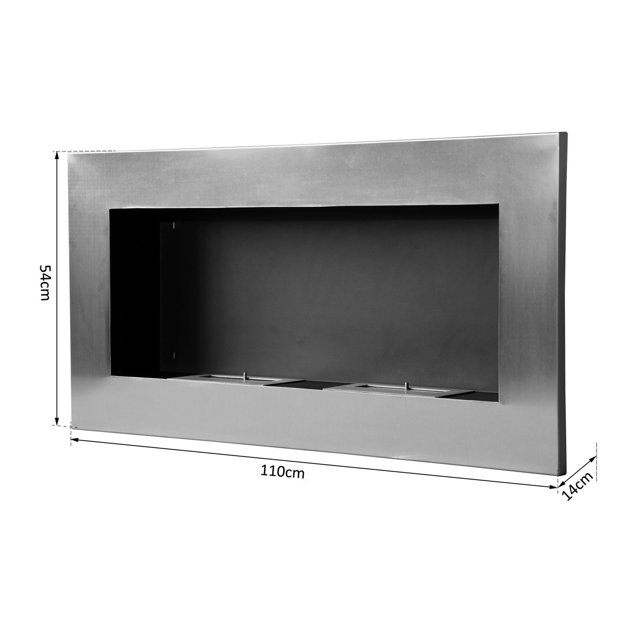Voir la diapositive 3 : HOMCOM Cheminée bioéthanol murale design bauhaus double brûleur 3 l 110l x 14l x 54h cm couverture 25-30 m² acier inox. Brossé