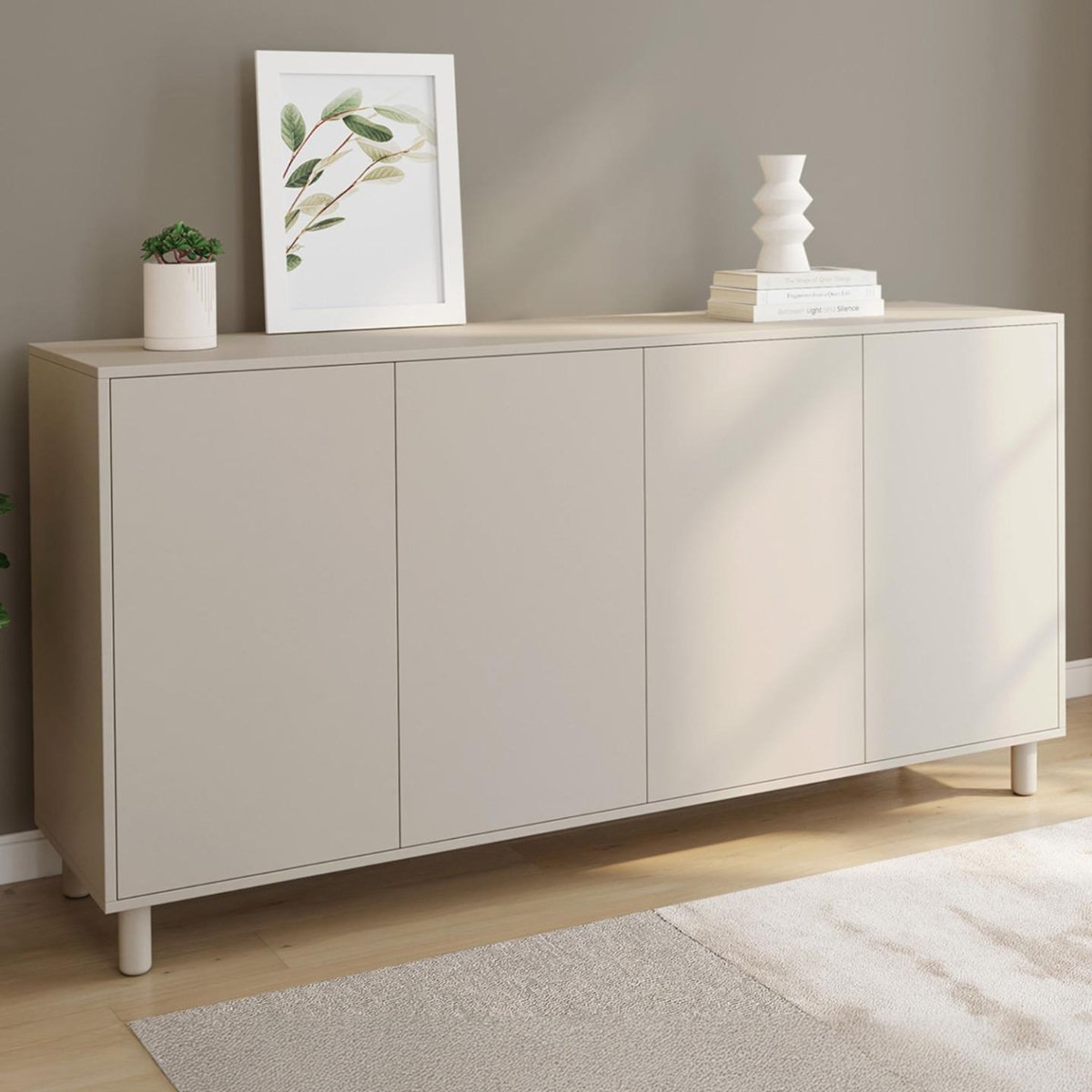 ID MARKET Buffet 160 cm BERTILLE 4 portes bois coloris beige