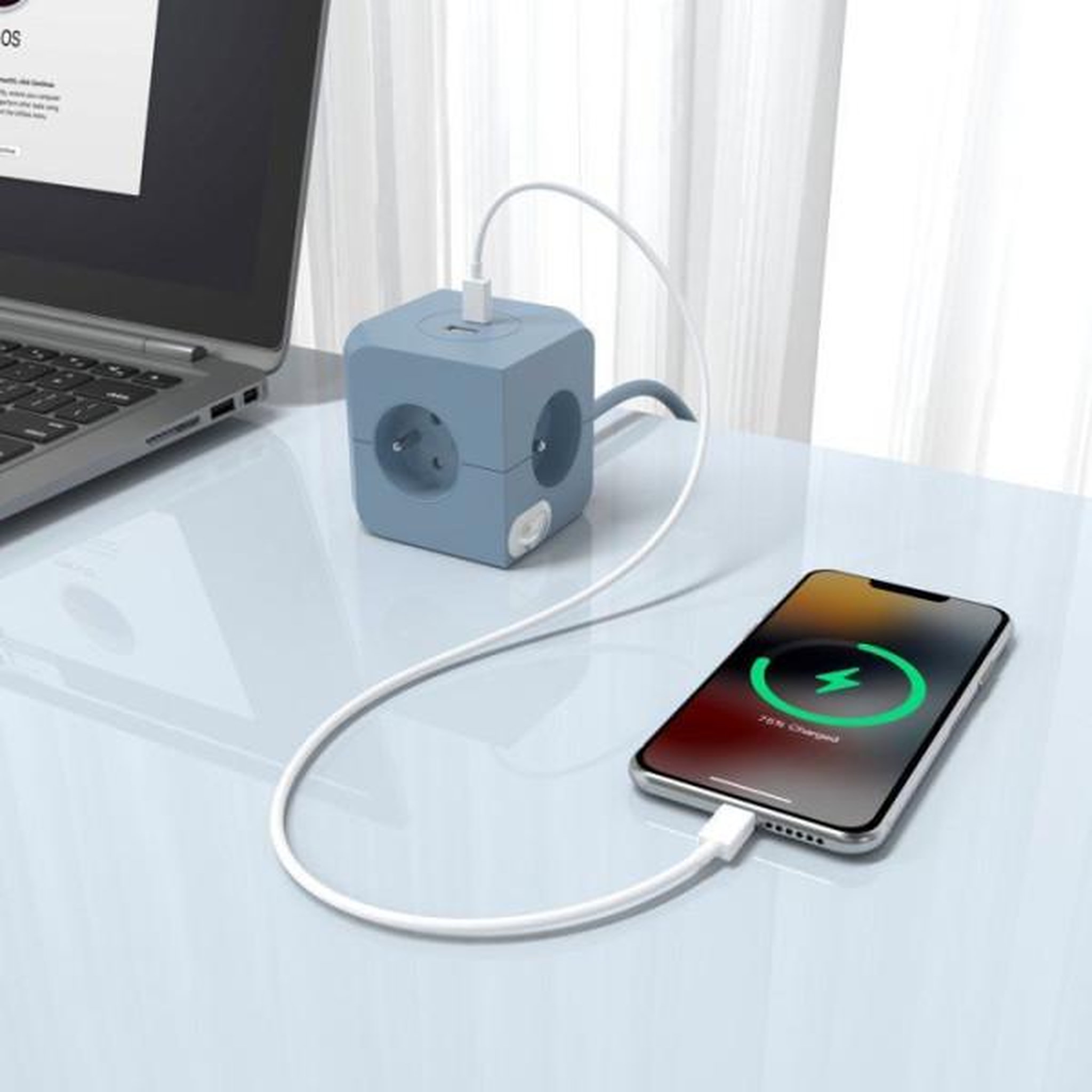 Voir la diapositive 3 : LINK2HOME Cube multiprise avec double port usb - link2home - 4 prises secteur 16a - 2 ports usb - 3680 w max - bleu