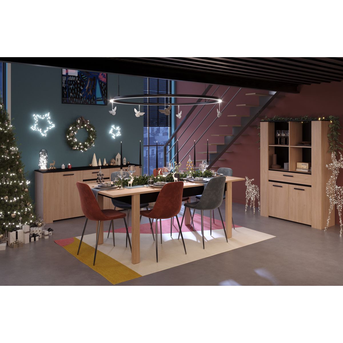 Ensemble table de séjour extensible L157/207 cm + buffet 3 portes + buffet haut LOLA