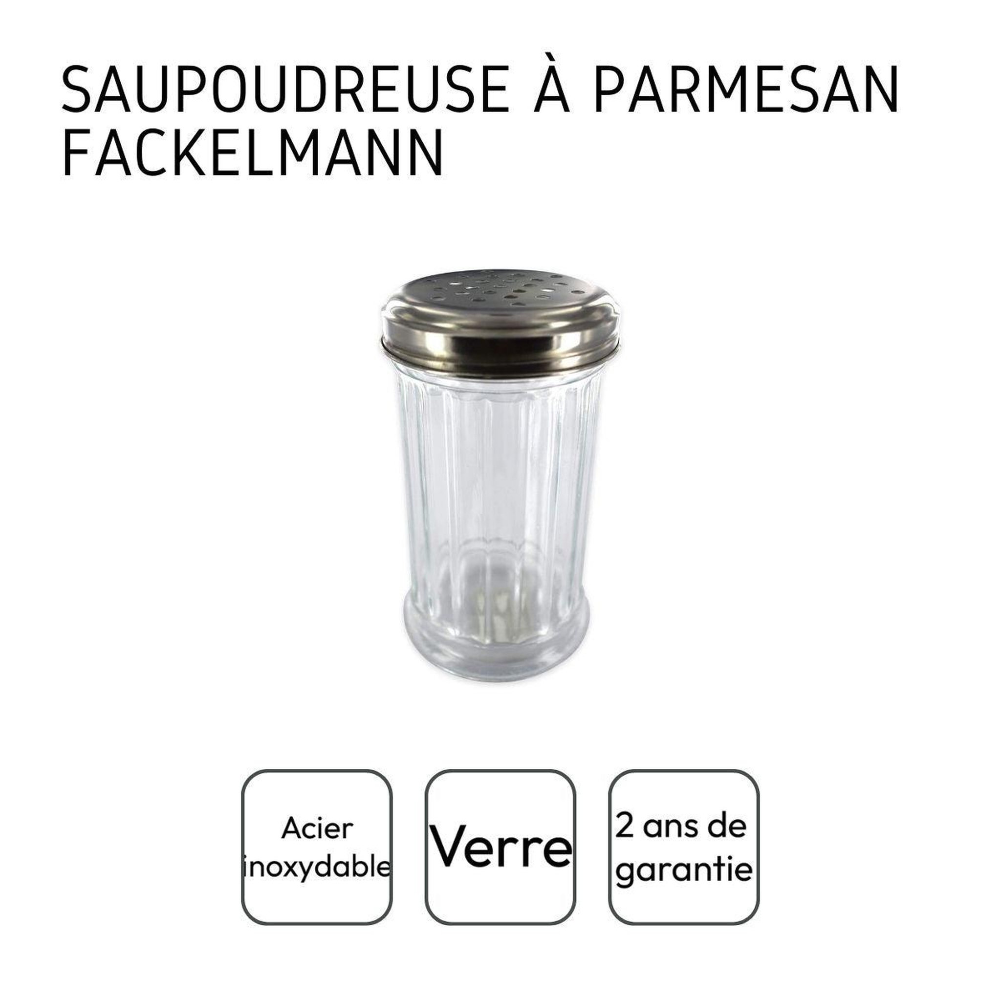 Voir la diapositive 4 : Fackelmann Ensemble de 2 saupoudreuses à parmesan et sucre glace en verre 13 cm fackelmann