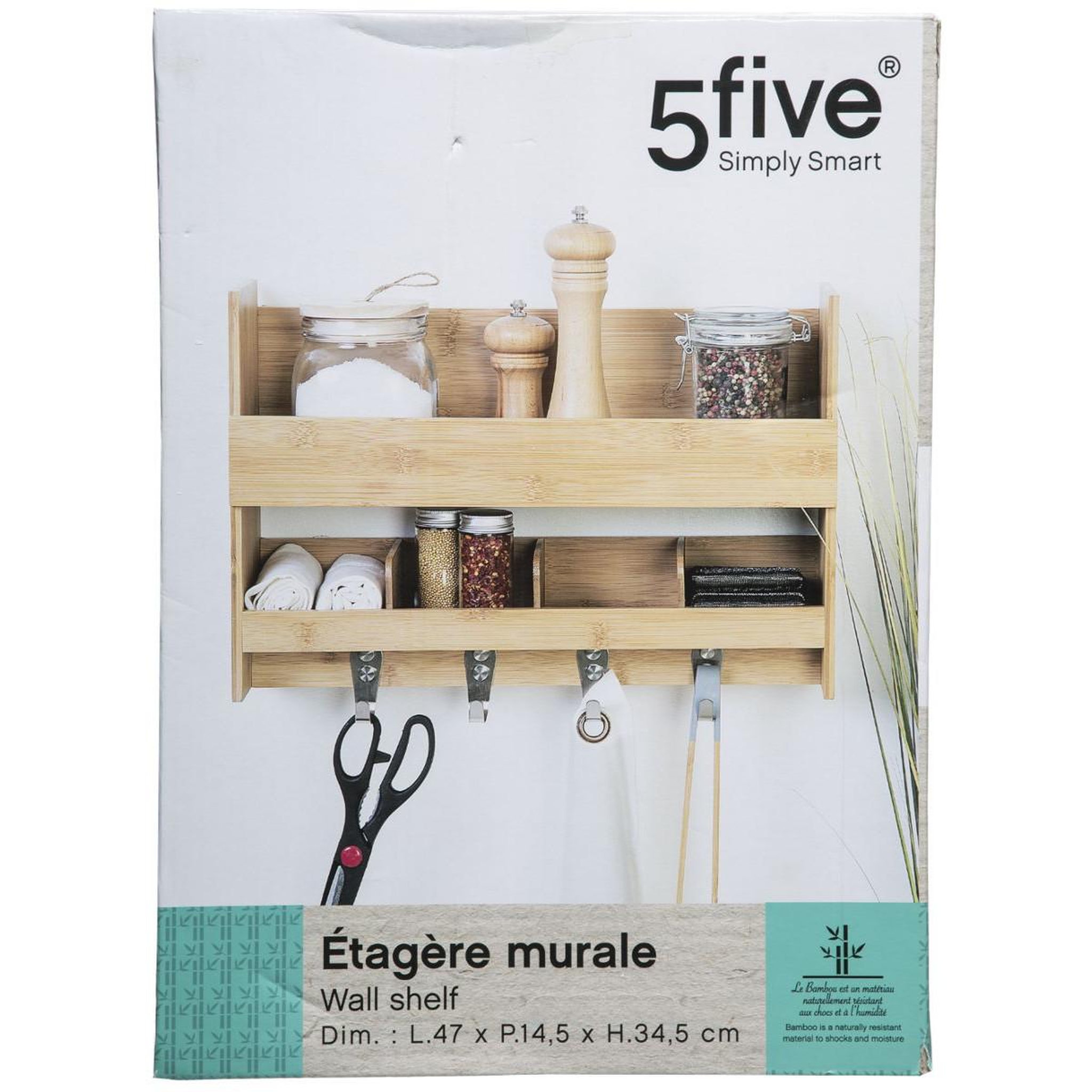 Voir la diapositive 5 : FIVE Étagère murale & crochets  bambou  47cm naturel