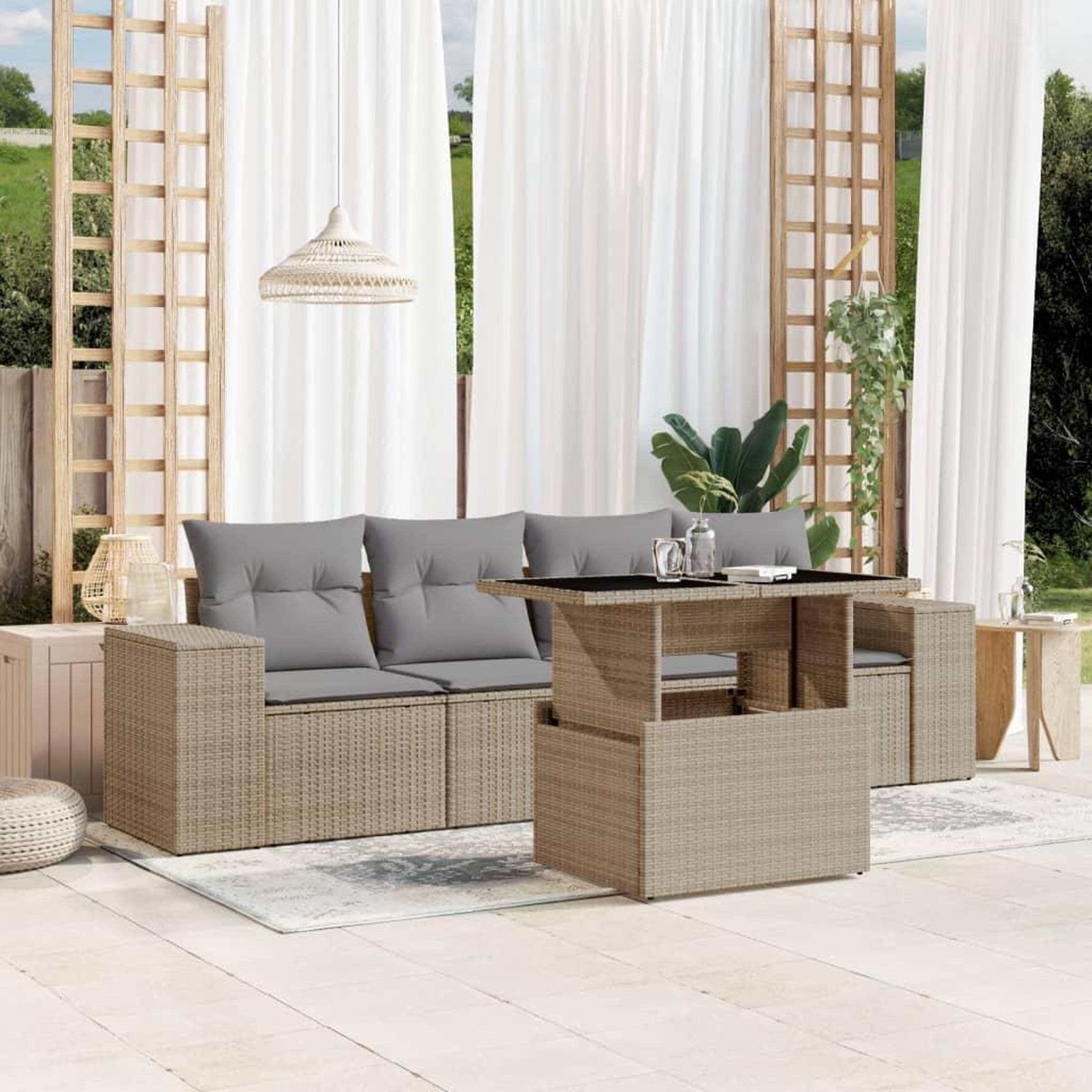 VIDAXL Salon de jardin avec coussins 5 pcs beige resine tressee