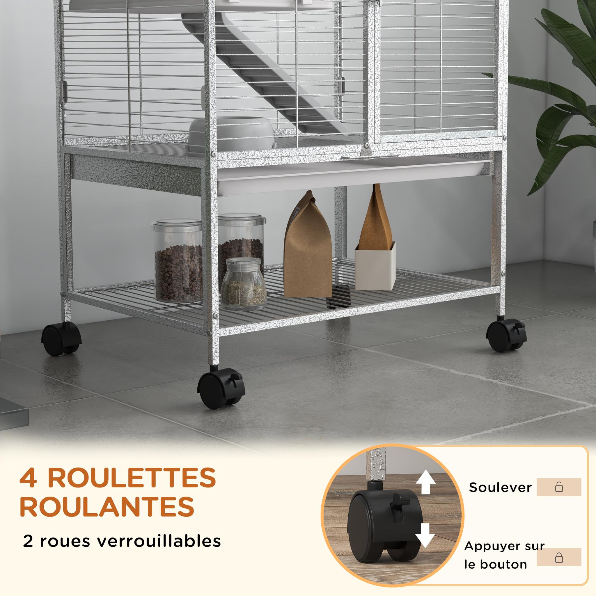 Voir la diapositive 6 : PAWHUT Cage pour rongeurs furet chinchilla plateforme rampe 2 portes biberon gamelle plateau étagère acier gris clair