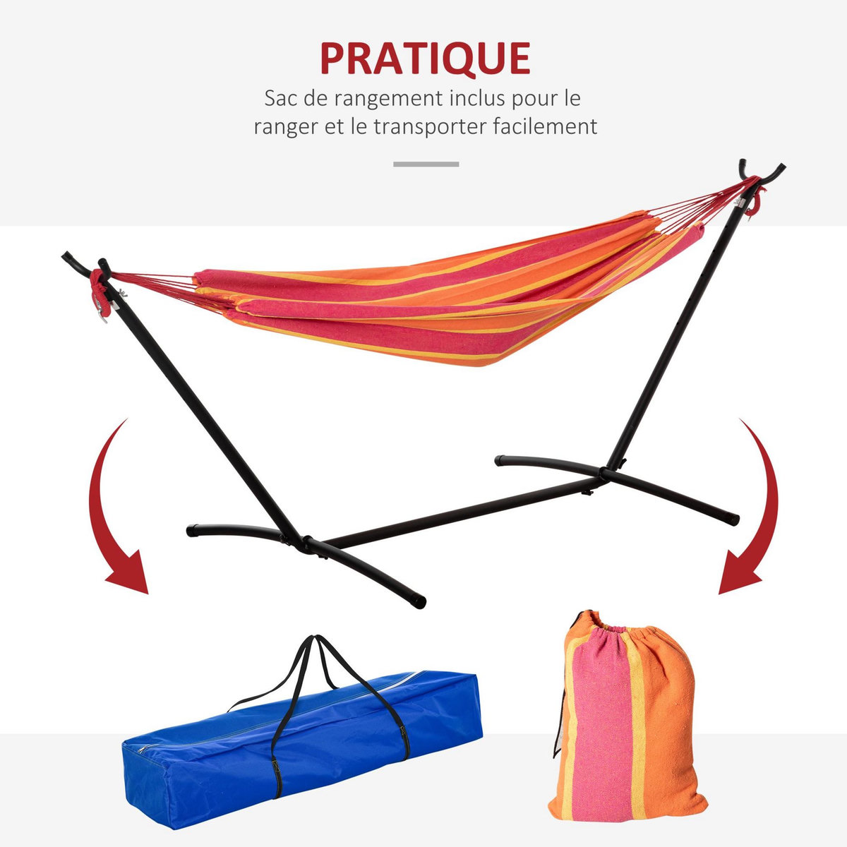 OUTSUNNY Hamac de jardin avec support en métal époxy hamac sur pied 1 place charge max. 120 Kg sac transport rouge