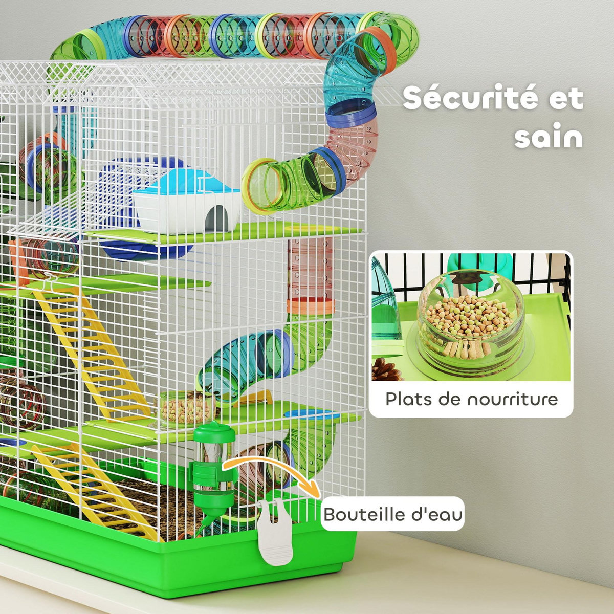 PAWHUT Cage pour hamster souris petits animaux rongeur avec tunnel mangeoire roue jouet 47 x 30 x 59 cm cm bleu