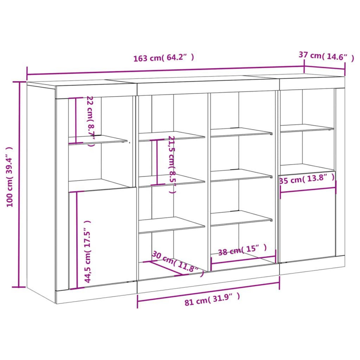 VIDAXL Buffets avec lumieres LED 3 pcs gris beton bois d'ingenierie