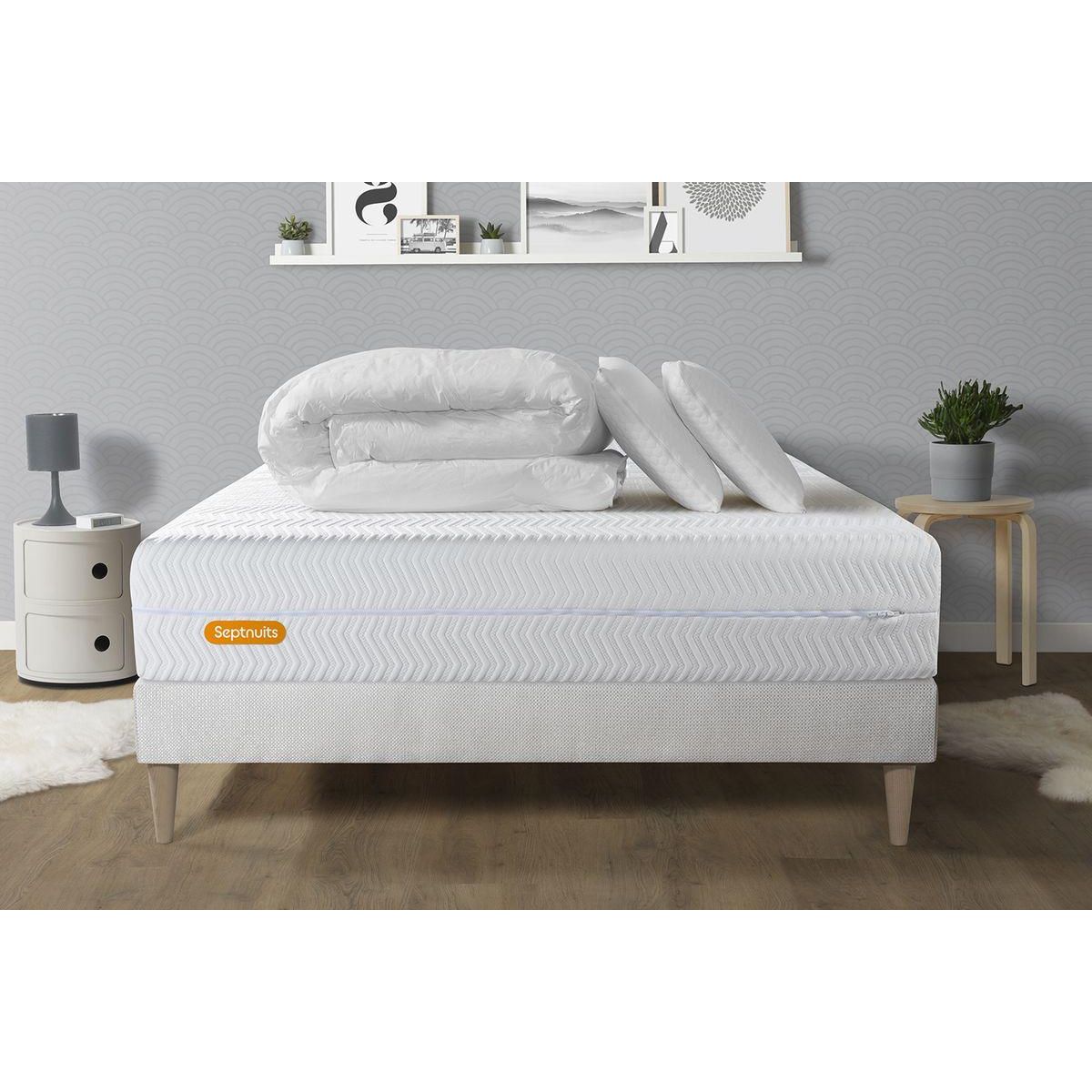 SEPTNUITS PACK Matelas + sommier kit blanc Memo Bio Mousse à mémoire de forme Maxi épaisseur + Couette + 2 oreillers