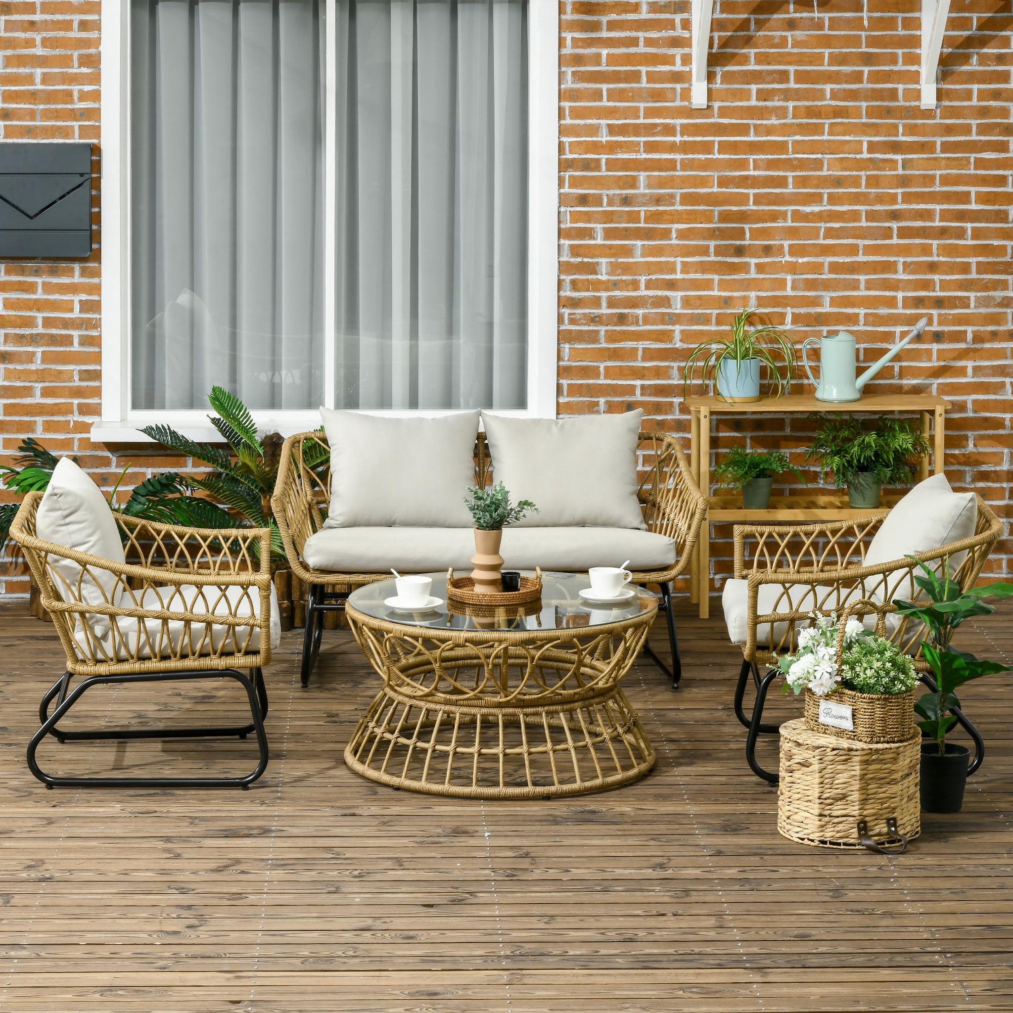 Voir la diapositive 2 : OUTSUNNY Salon de jardin 4 places 4 pièces 7 coussins inclus acier époxy résine tressée beige