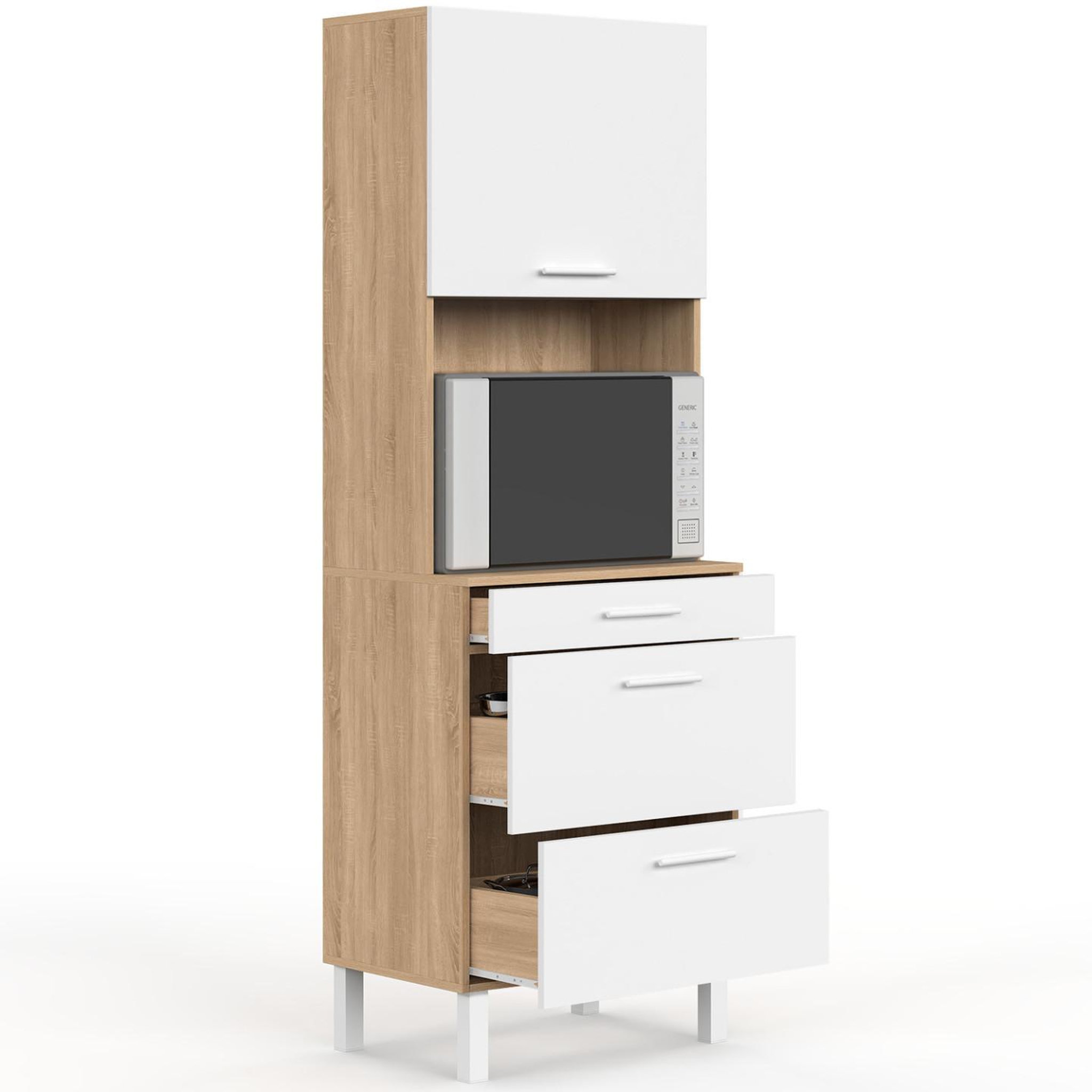 Voir la diapositive 1 : ID MARKET Colonne de cuisine micro-ondes et casserolier 60 cm cina 2 portes façon hêtre et blanc