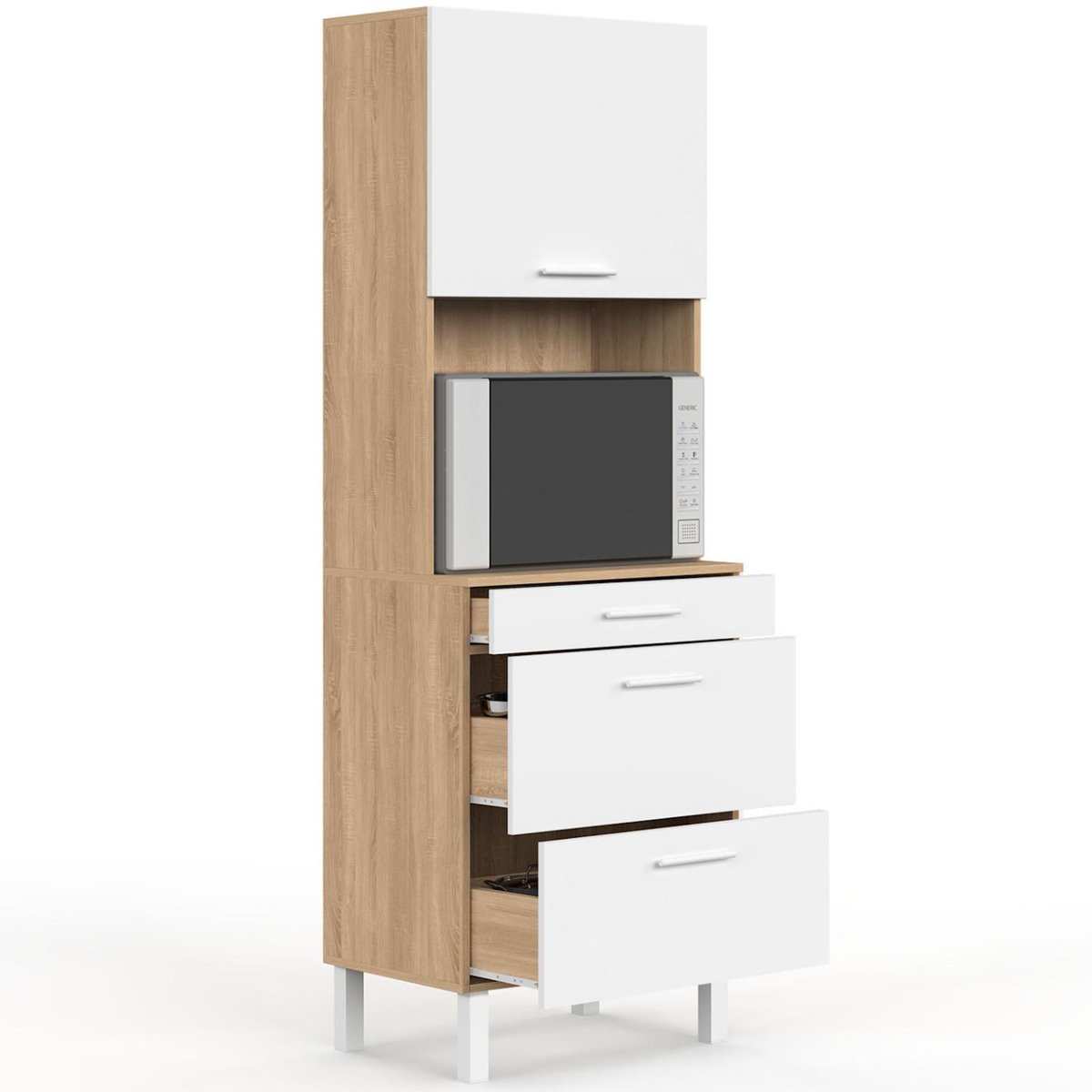 ID MARKET Colonne de cuisine micro-ondes et casserolier 60 cm CINA 2 portes façon hêtre et blanc