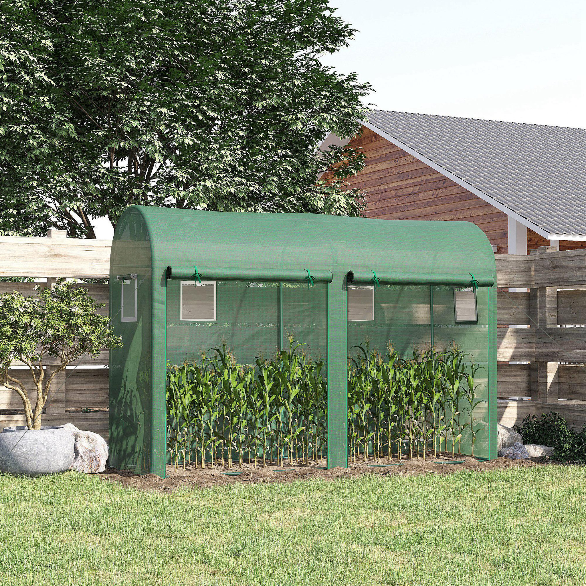 Voir la diapositive 2 : OUTSUNNY Serre de jardin serre à tomates dim. 3 x 1 x 2 m 2 portes 4 fenêtres acier pe haute densité vert