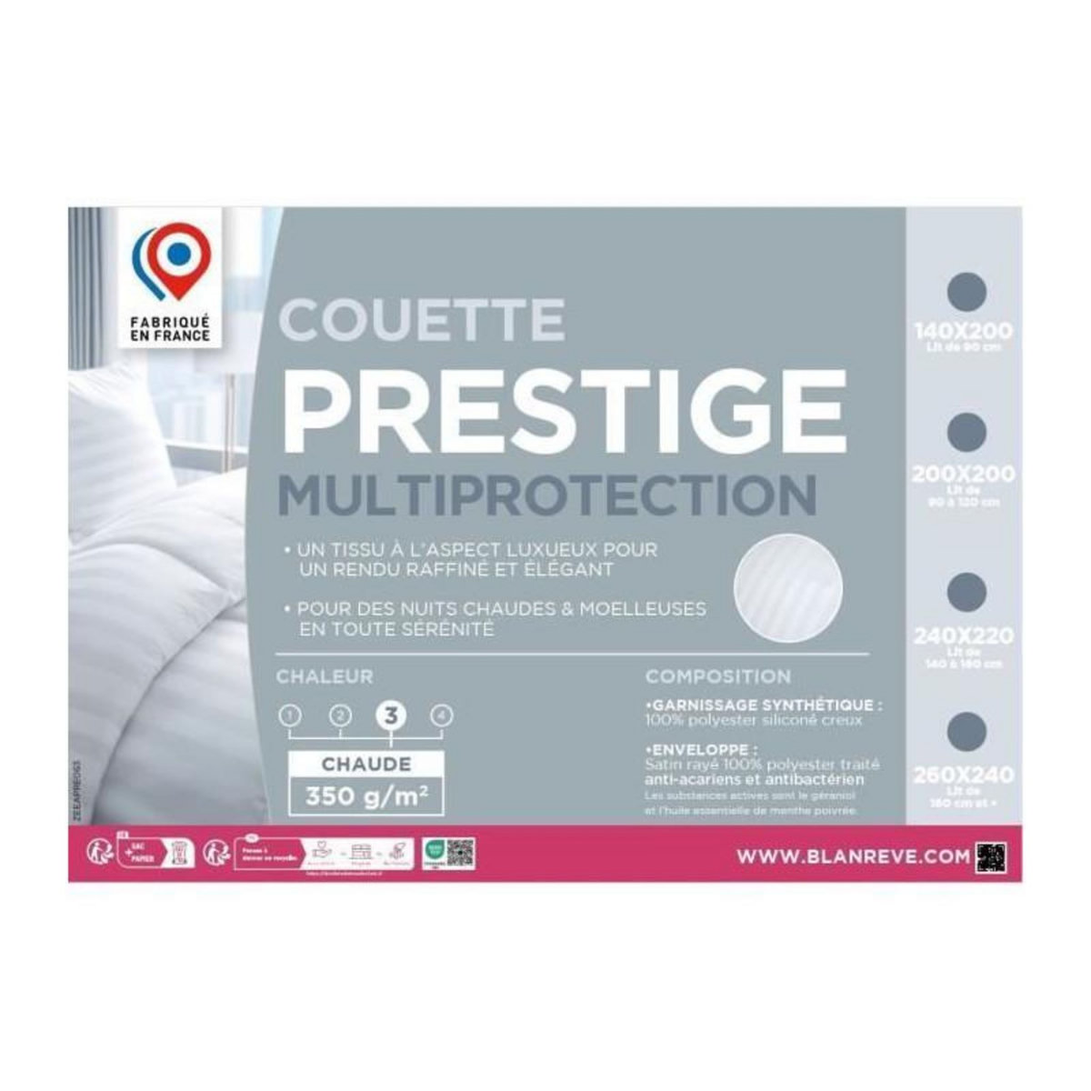 BLANREVE Couette 220x240 cm BLANREVE PRESTIGE Multiprotection - 100% Polyester - 2 Personnes - Satin rayé