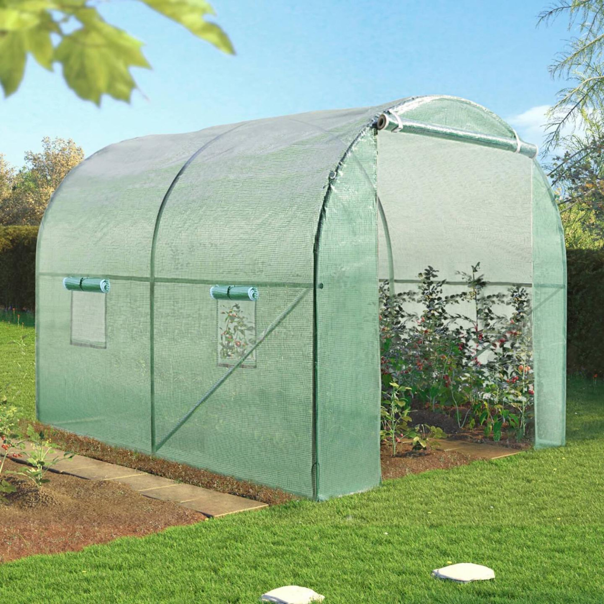 Voir la diapositive 2 : ID MARKET Serre de jardin tunnel 6m² 3 x 2 x 2 m acier galvanisé + bâche anti-uv avec porte et fenêtres roma verte
