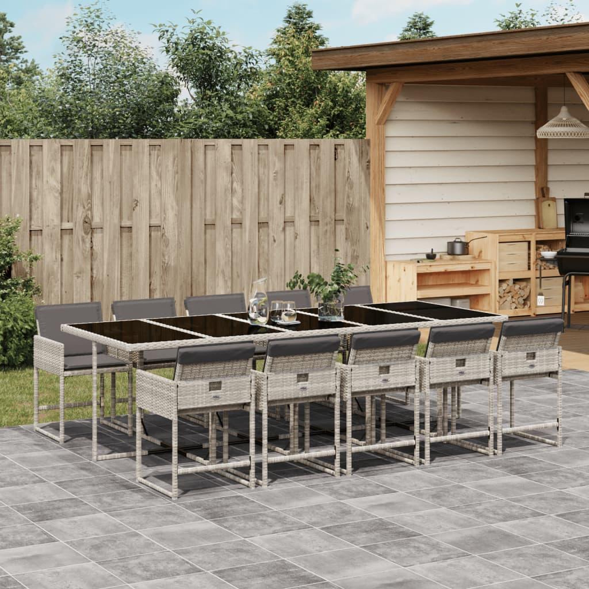 VIDAXL Ensemble a manger de jardin 11pcs avec coussins gris poly rotin