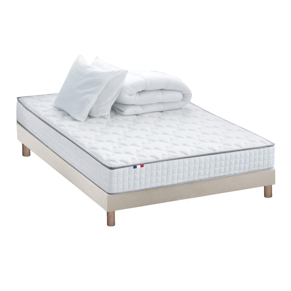 IDLITERIE Pack matelas ressorts ASTRE + sommier kit beige + couette et oreillers 140x190
