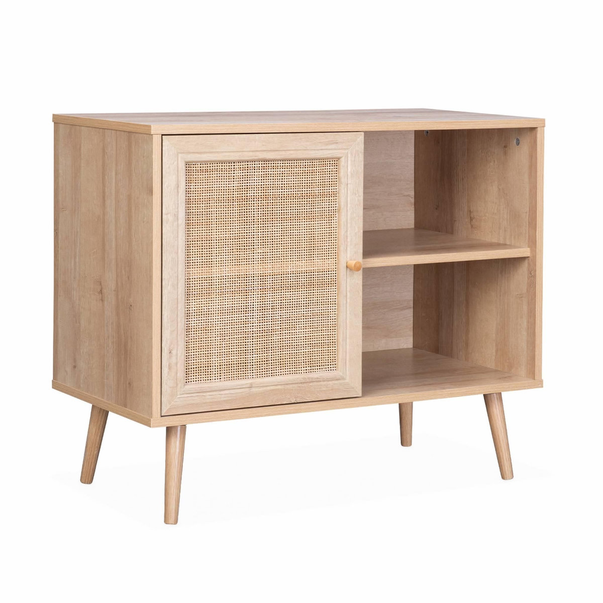SWEEEK Meuble de rangement en cannage 80x39x65.8cm  Bohème - Naturel -  2 niveaux - 1 porte -  pieds scandinaves. buffet bas