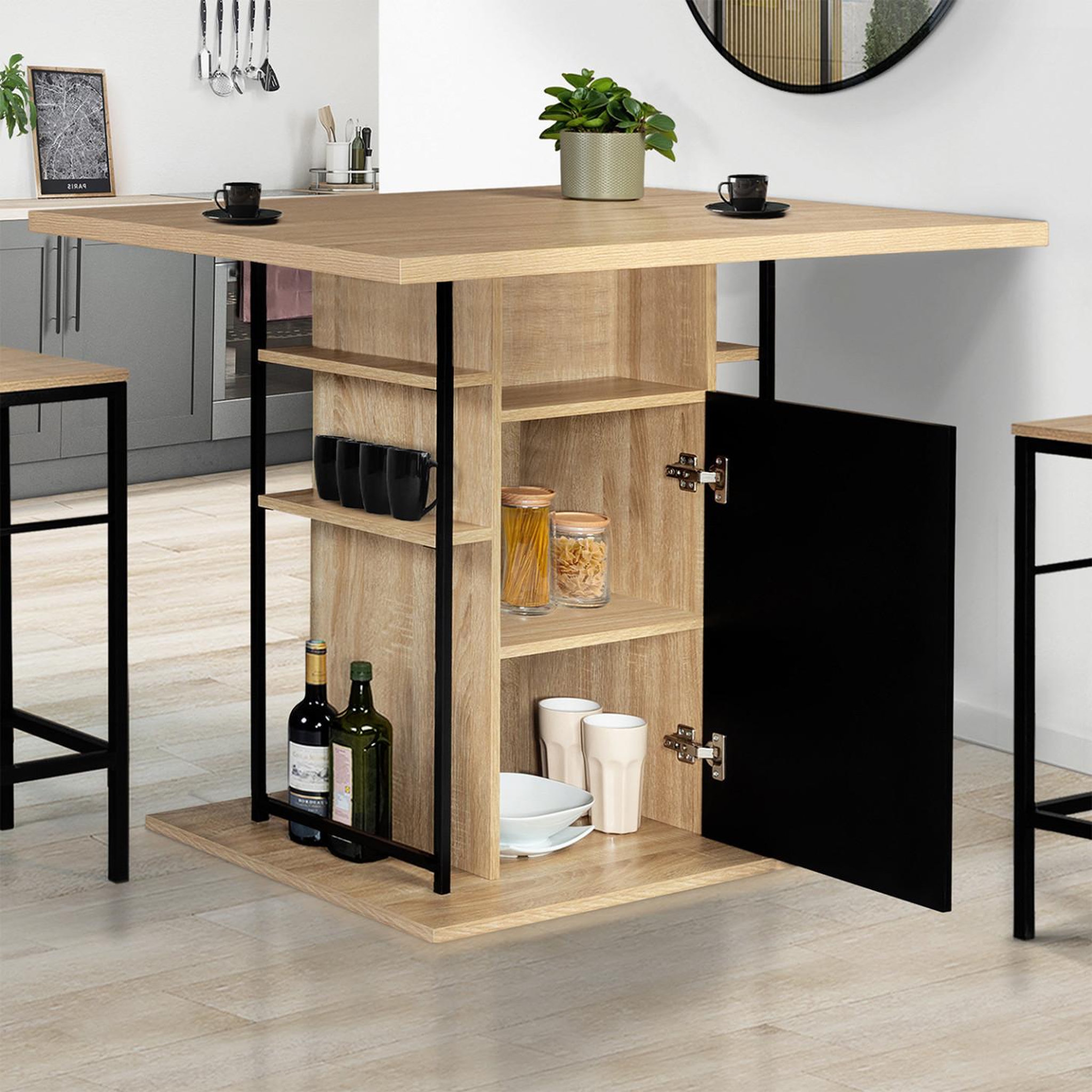 Voir la diapositive 3 : ID MARKET Ilot central ugo 110 cm bois noir et imitation hêtre avec rangements design industriel
