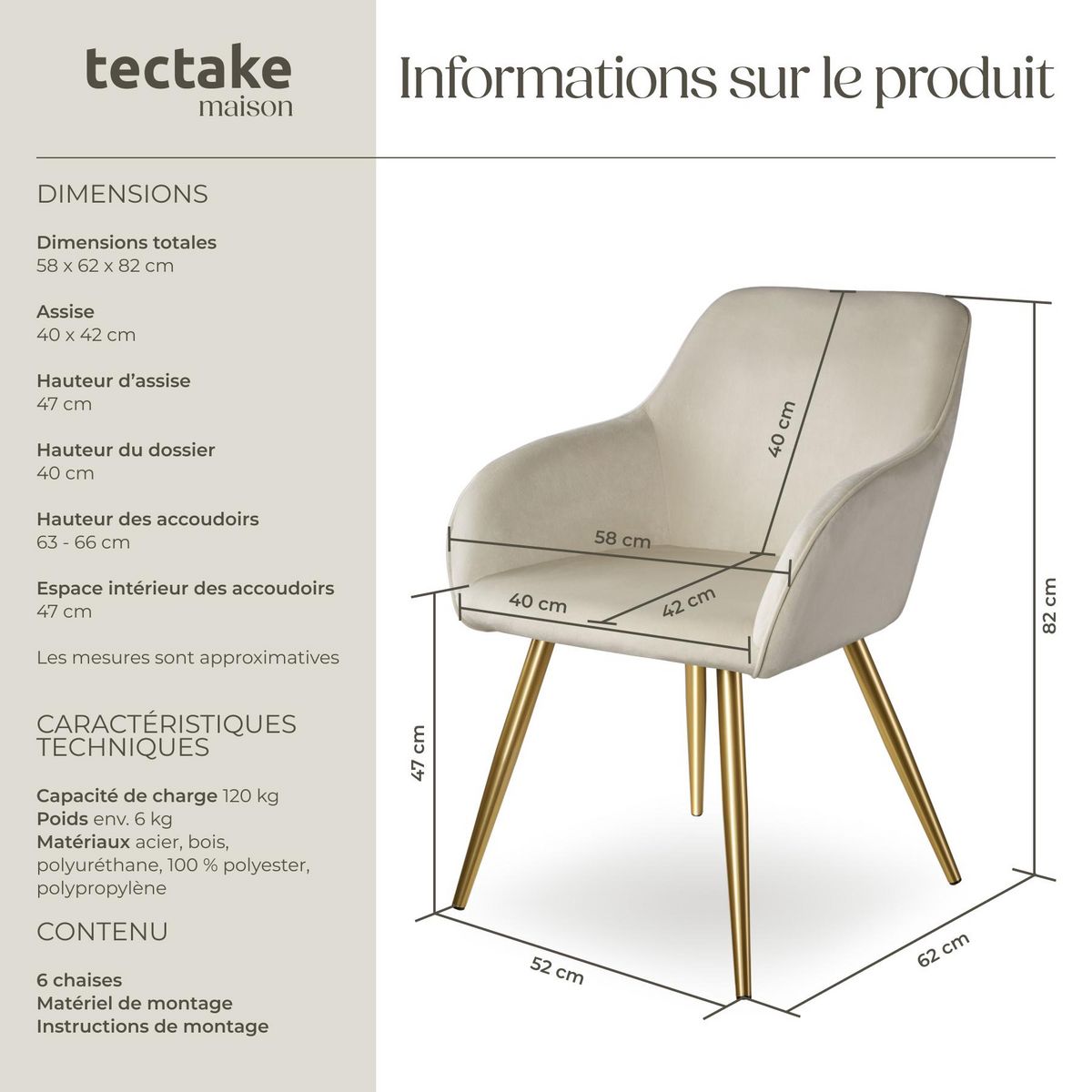 tectake Chaise rembourrée aspect velours crème/or Lot de 6